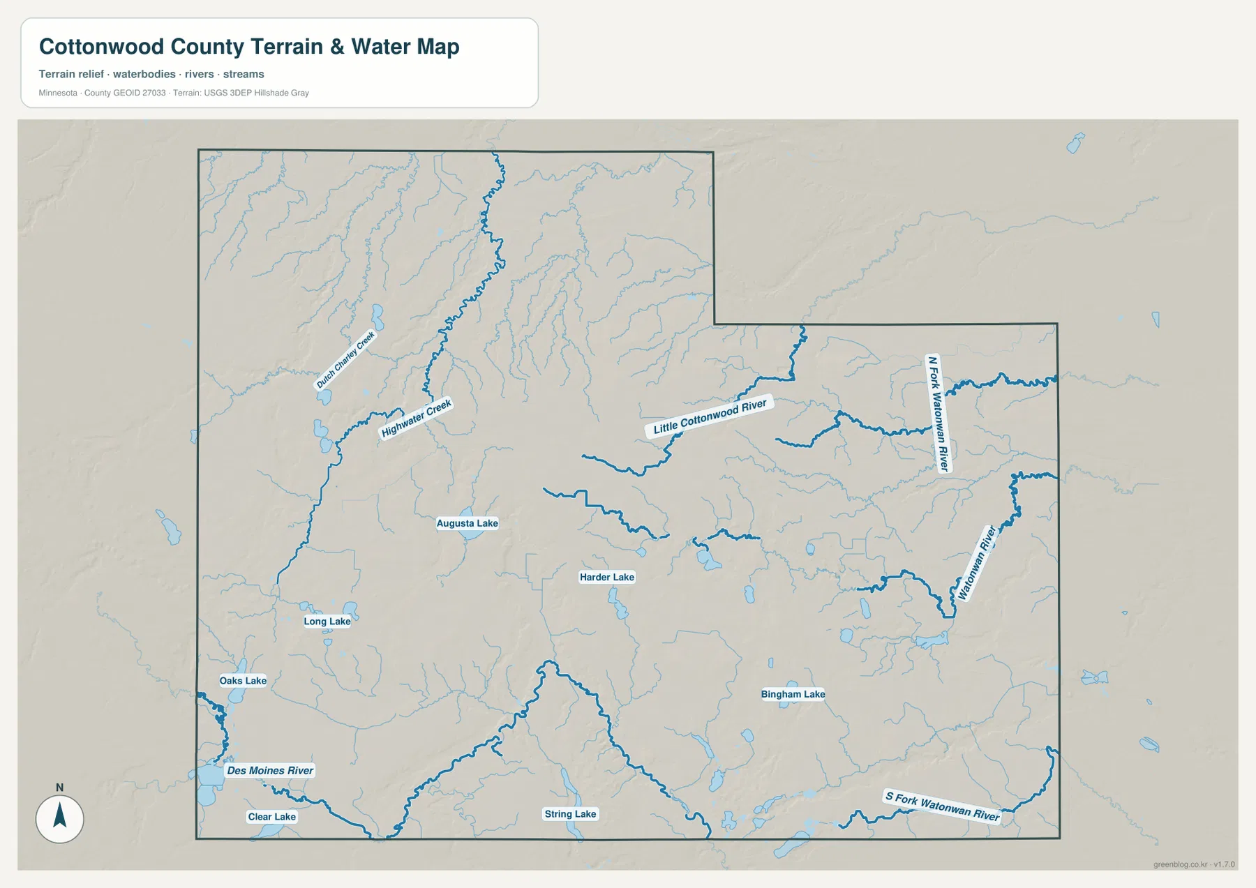 Cottonwood County terrain and water map showing Little Cottonwood River, Watonwan River branches, creeks, and lakes