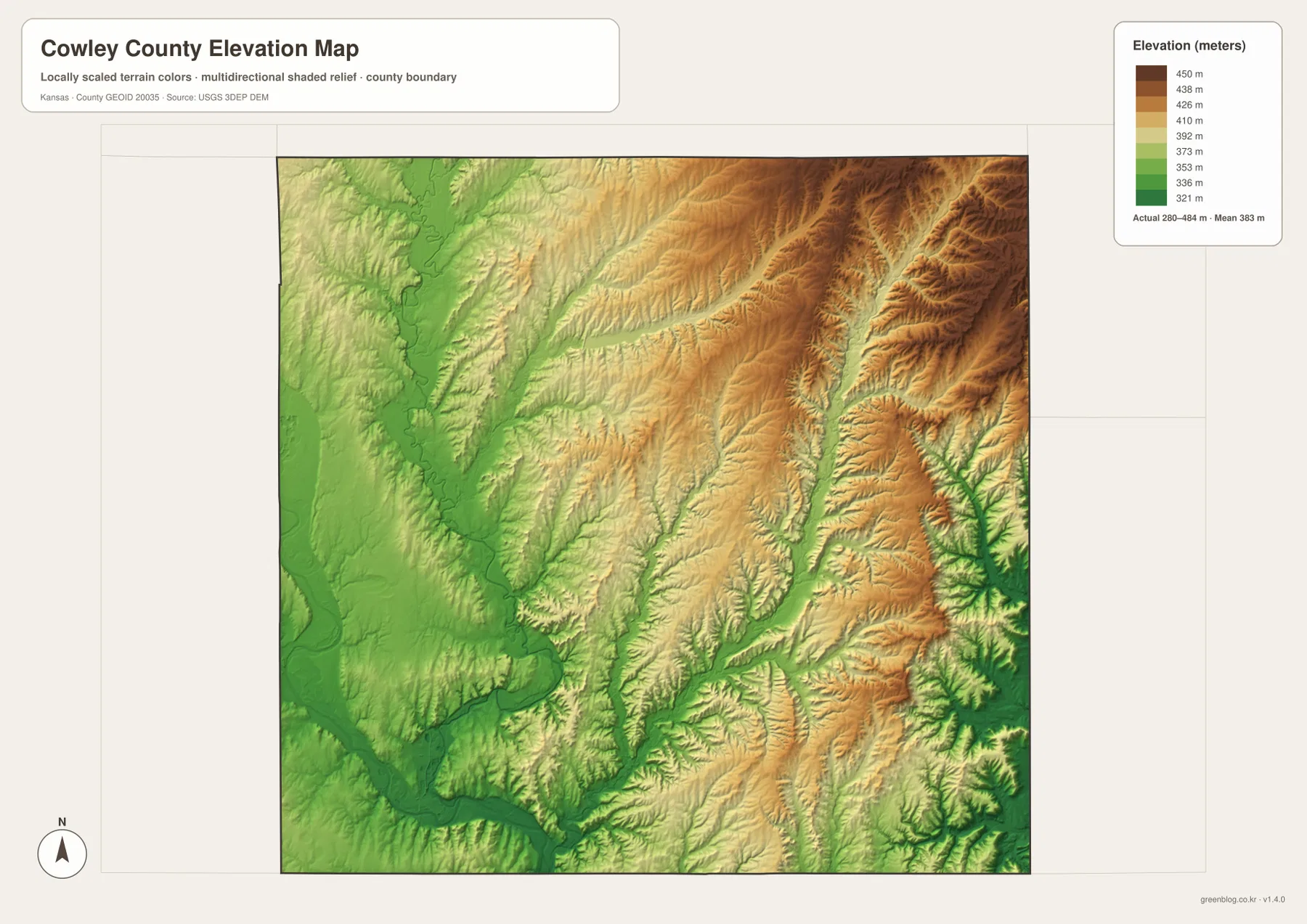 Cowley County elevation map showing the 280–484 meter range, low Arkansas and Walnut river valleys, and high eastern ridges