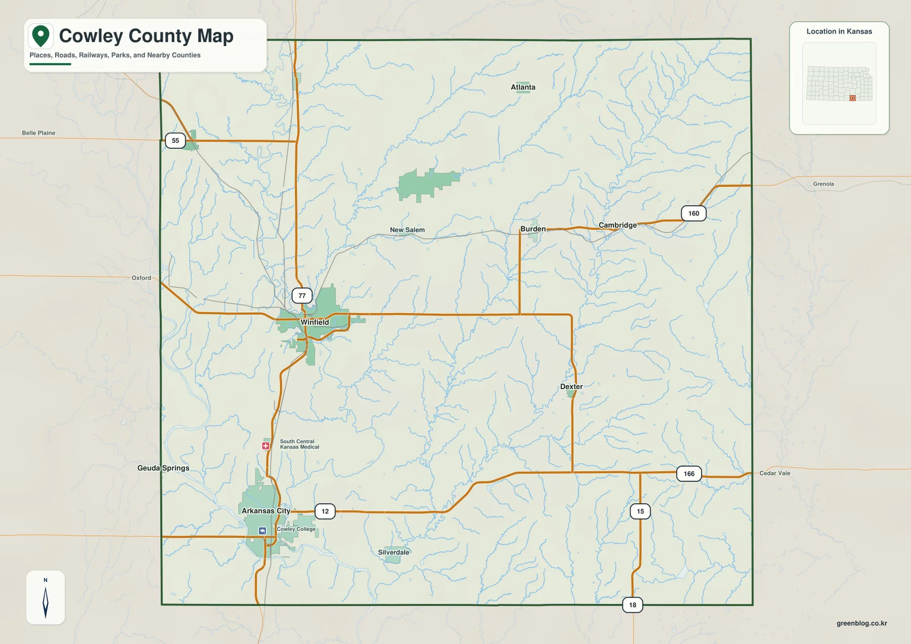 Cowley County Kansas general map showing Winfield, Arkansas City, U.S. 77, U.S. 160, U.S. 166, Burden, Dexter and Cambridge