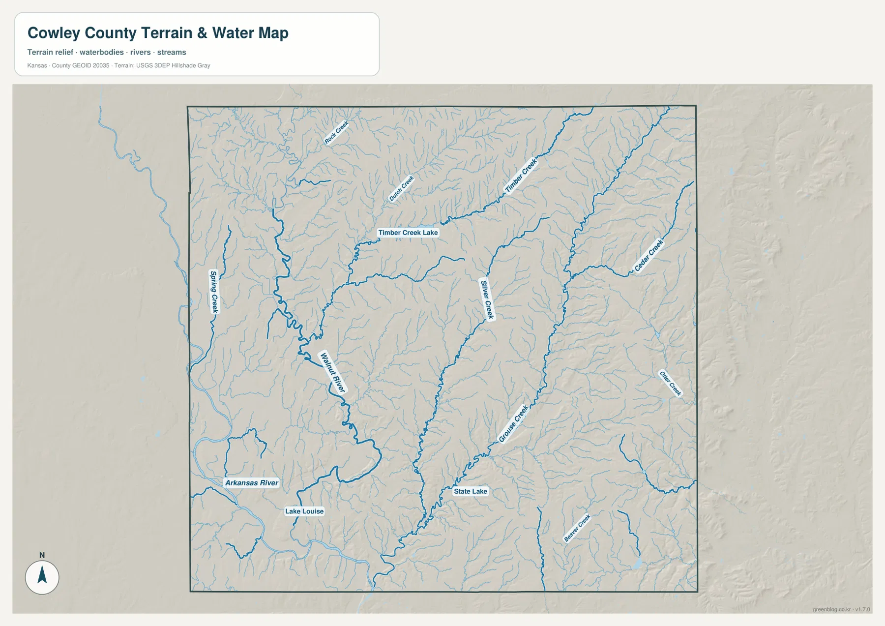 Cowley County terrain and water map showing Walnut River, Arkansas River, Grouse Creek, Cedar Creek, Otter Creek, Timber Creek Lake and State Lake