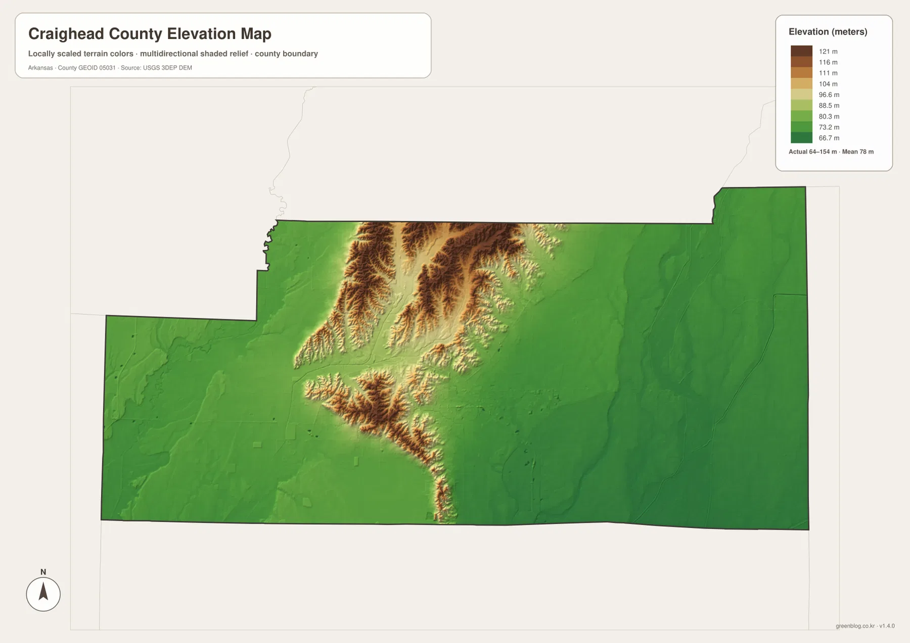 Craighead County elevation map showing high Crowley’s Ridge between low western and eastern plains