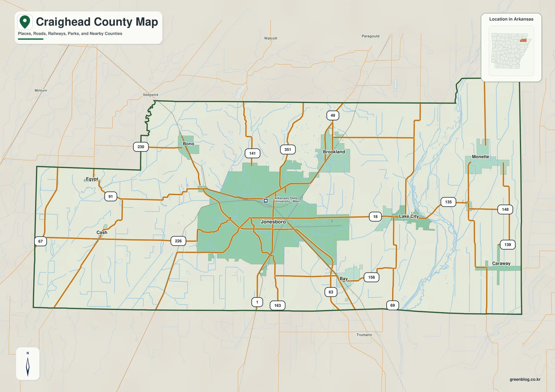 Craighead County general map showing Jonesboro, Bono, Brookland, Lake City, Monette, Caraway and major roads