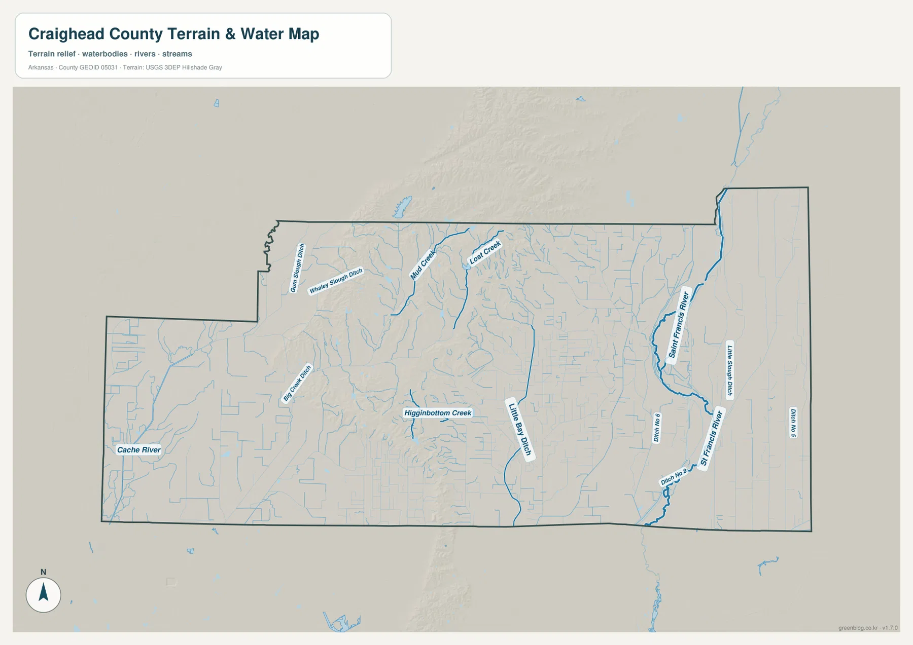 Craighead County water map showing Cache River, St. Francis River, Little Bay Ditch, Highbottom Creek and drainage channels