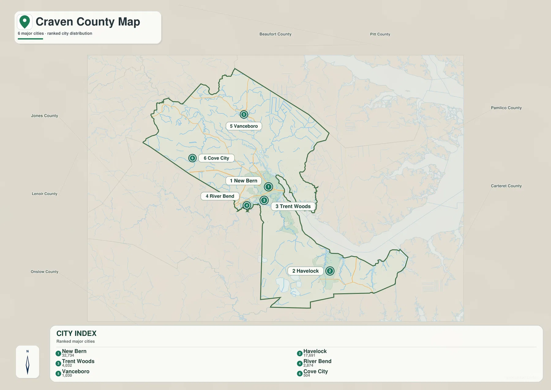 크레이븐 카운티 도시 지도 New Bern Havelock Trent Woods River Bend Vanceboro Cove City