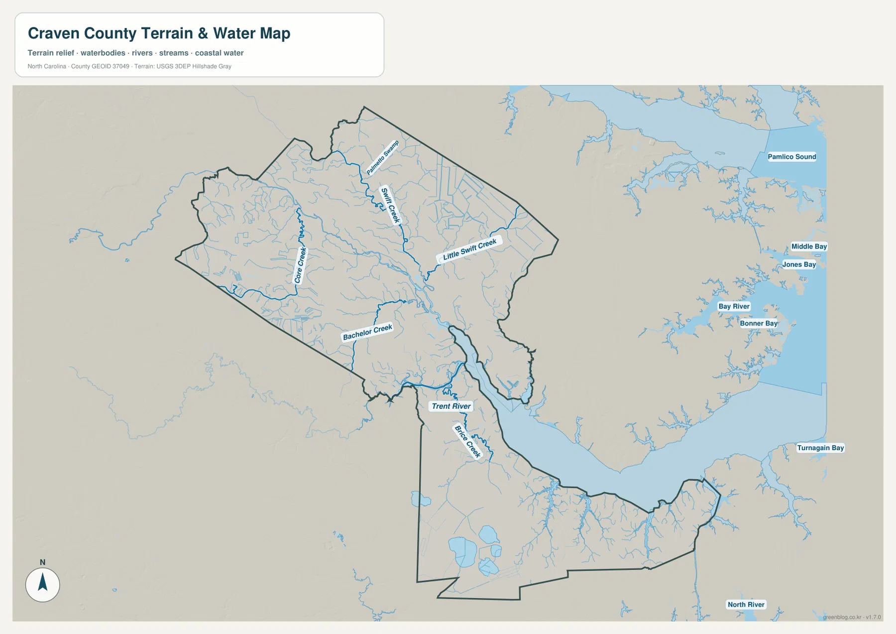 크레이븐 카운티 수역 지도 Neuse River Trent River Swift Creek Core Creek Brice Creek
