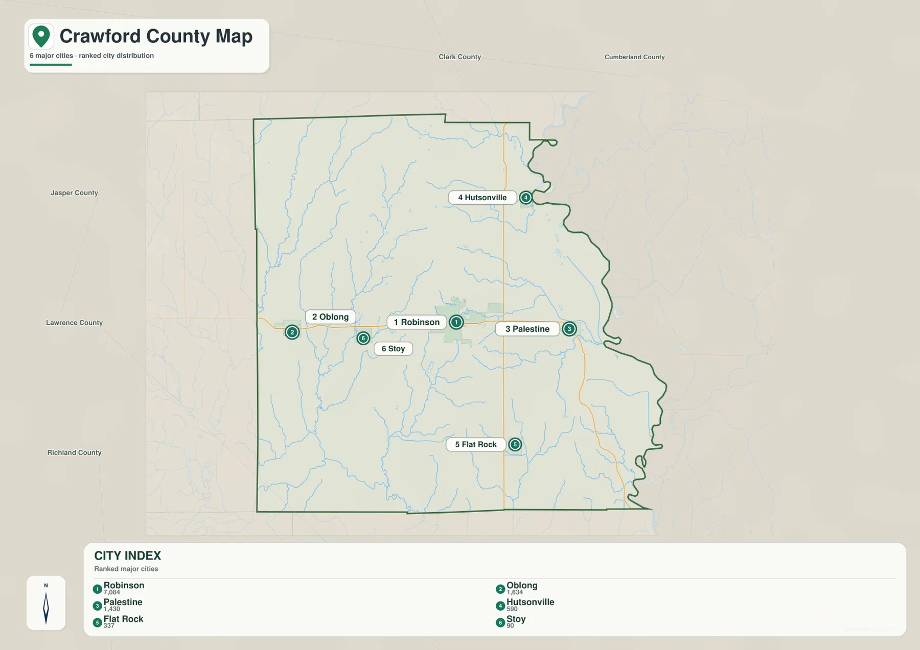 Crawford County Illinois city map ranking Robinson, Oblong, Palestine, Hutsonville, Flat Rock, and Stoy