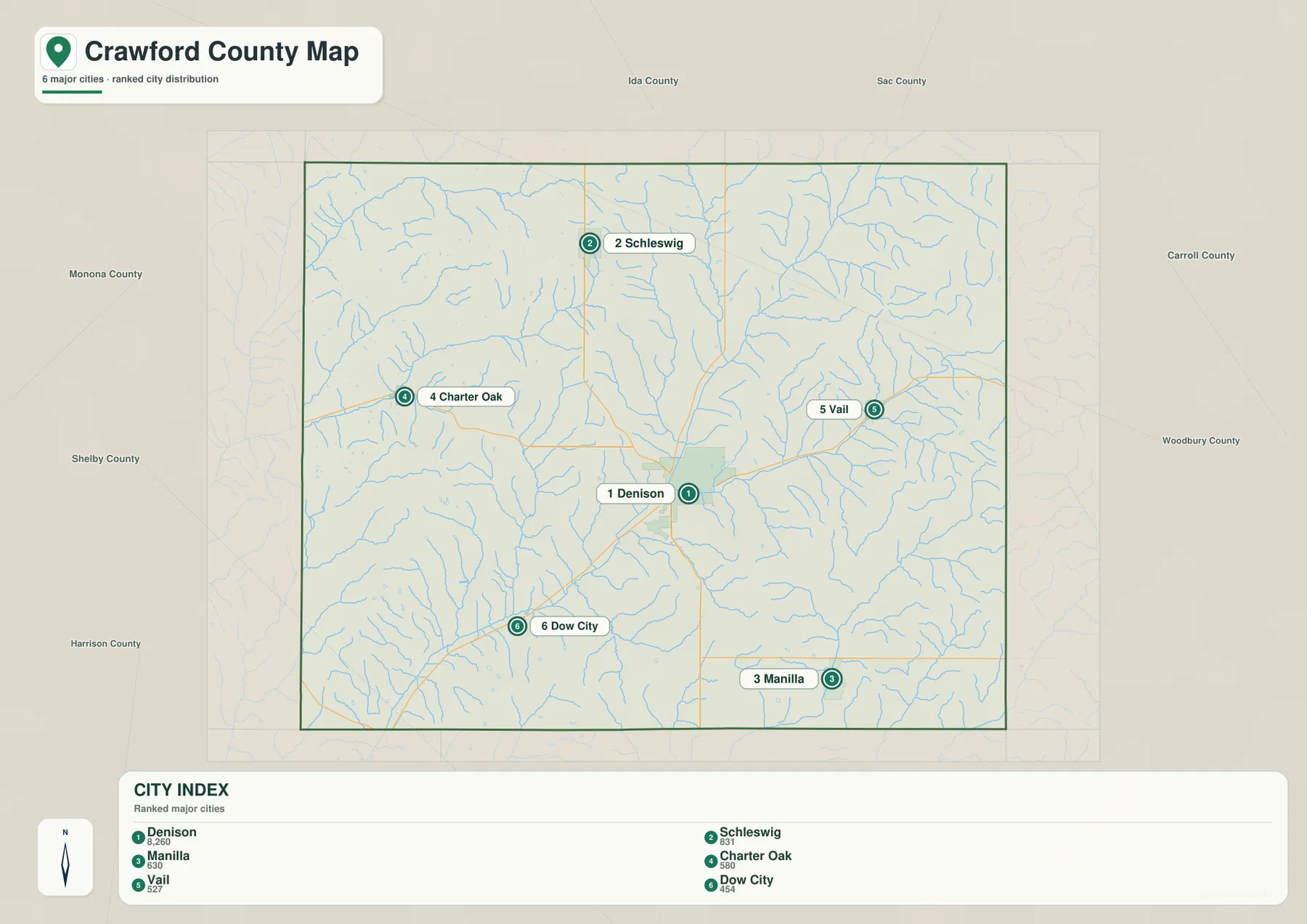 Crawford County Iowa city map Denison Schleswig Manilla Charter Oak Vail Dow City