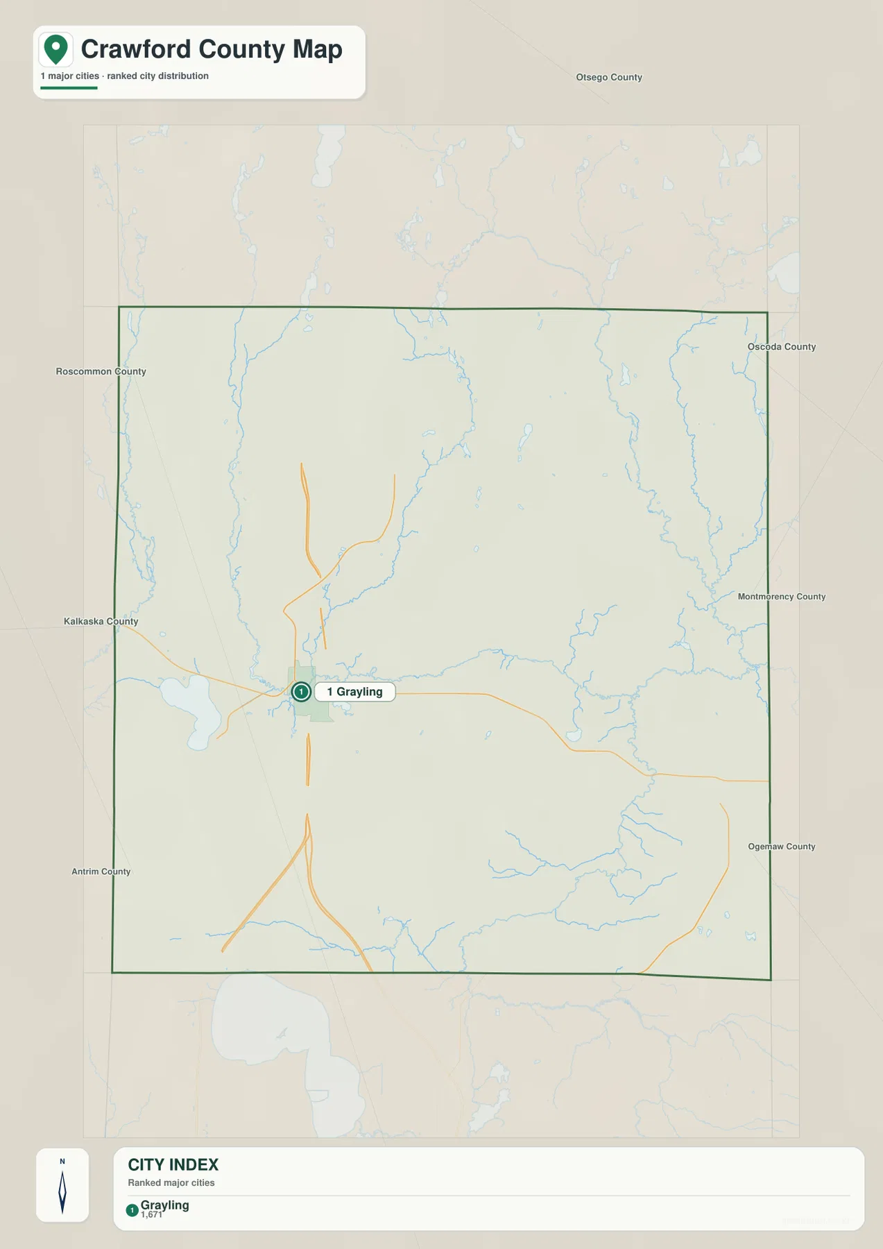 Grayling 하나를 번호로 표시한 Crawford County Michigan 주요 도시 분포 지도
