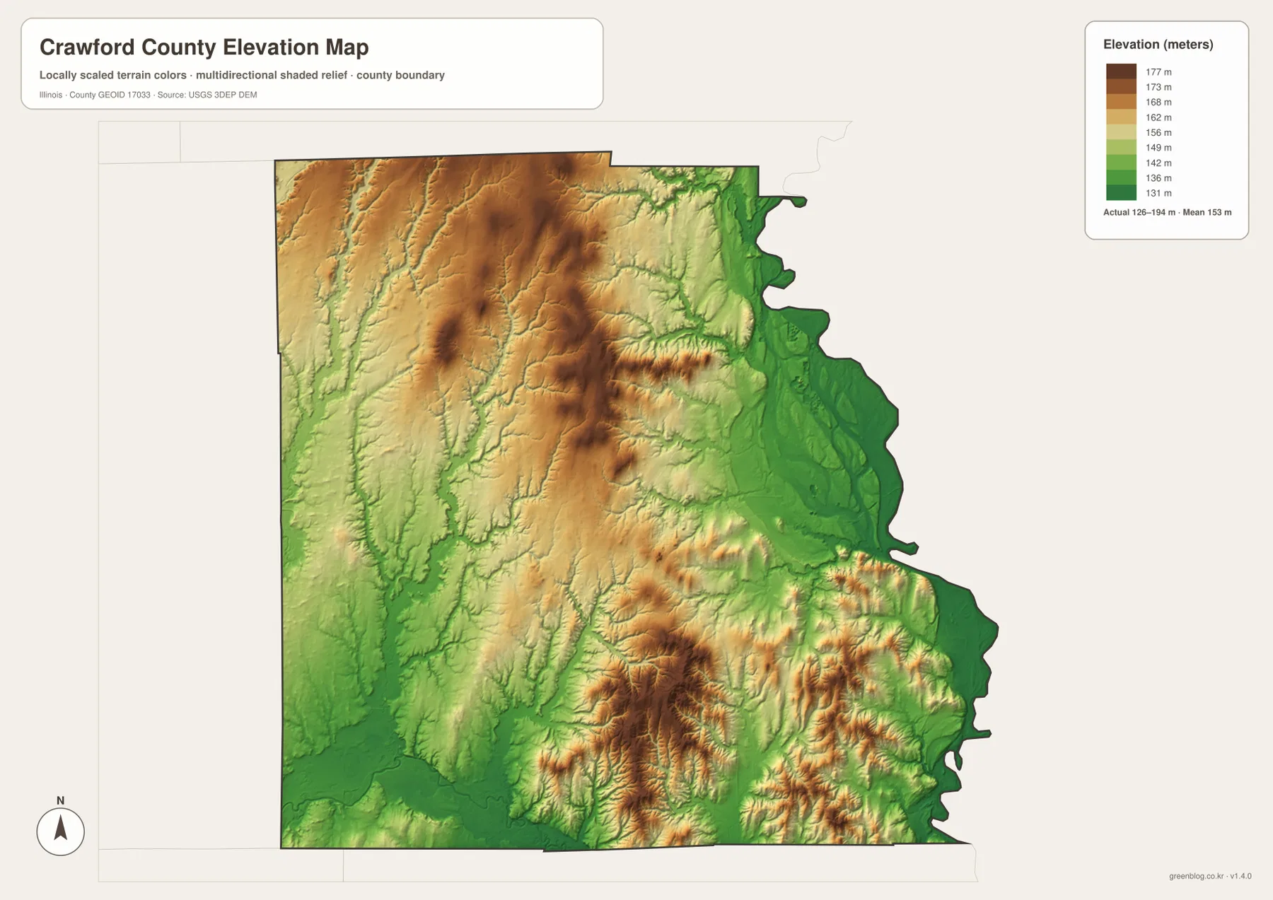 Crawford County Illinois elevation map showing high north-central and southeastern ridges and lower Embarras and western creek valleys across an actual range of about 126 to 194 meters