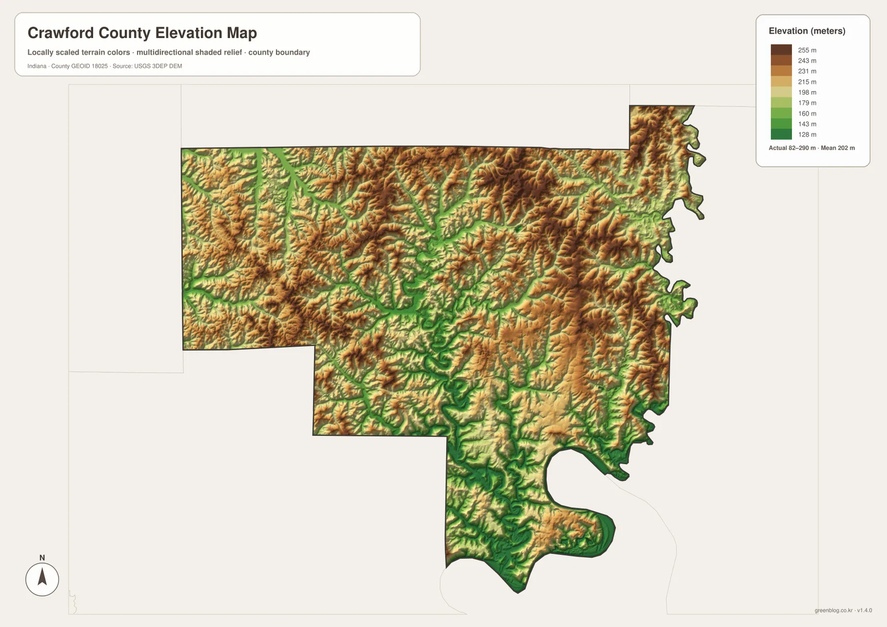Crawford County Indiana elevation map showing an 82 to 290 meter range with low river valleys and higher ridges