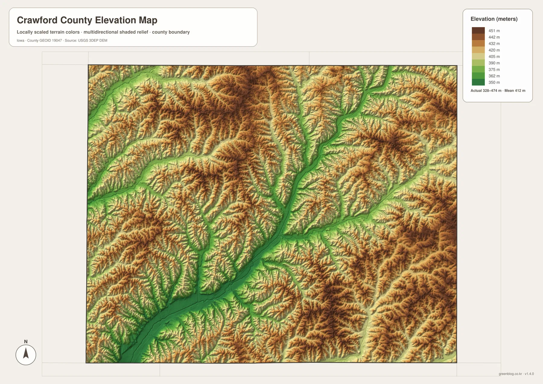 Crawford County Iowa elevation map 328 to 474 meters Boyer River valleys and ridges