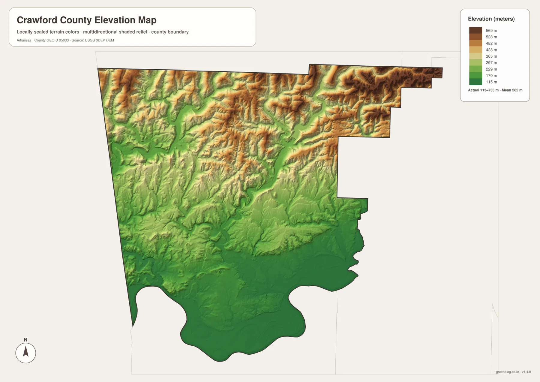 Crawford County Arkansas elevation map showing low Arkansas River terrain in the south and high Boston Mountains ridges in the north