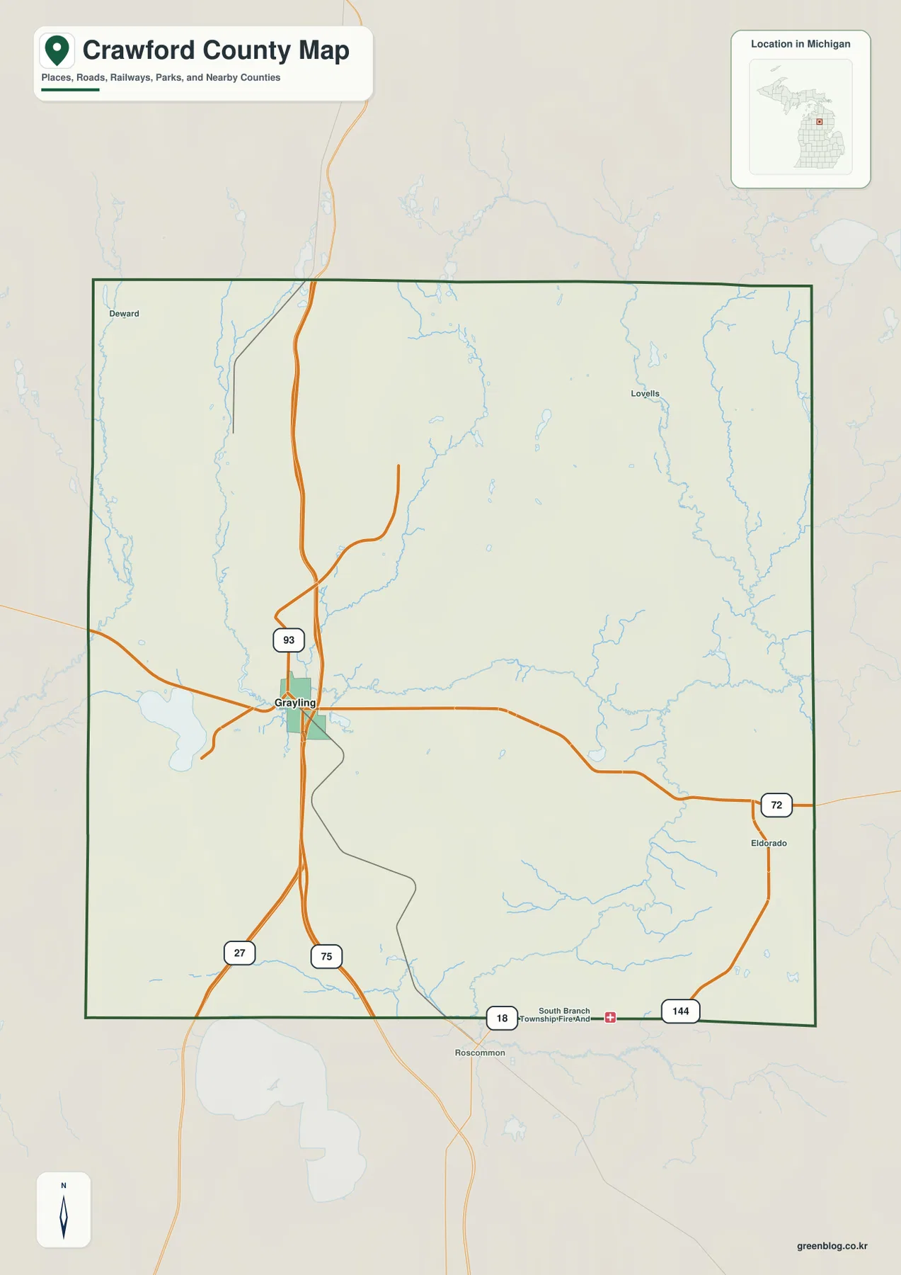 Grayling, Lovells, Deward와 M-72, I-75, M-93, M-18, 144번 도로가 표시된 Crawford County Michigan 지도
