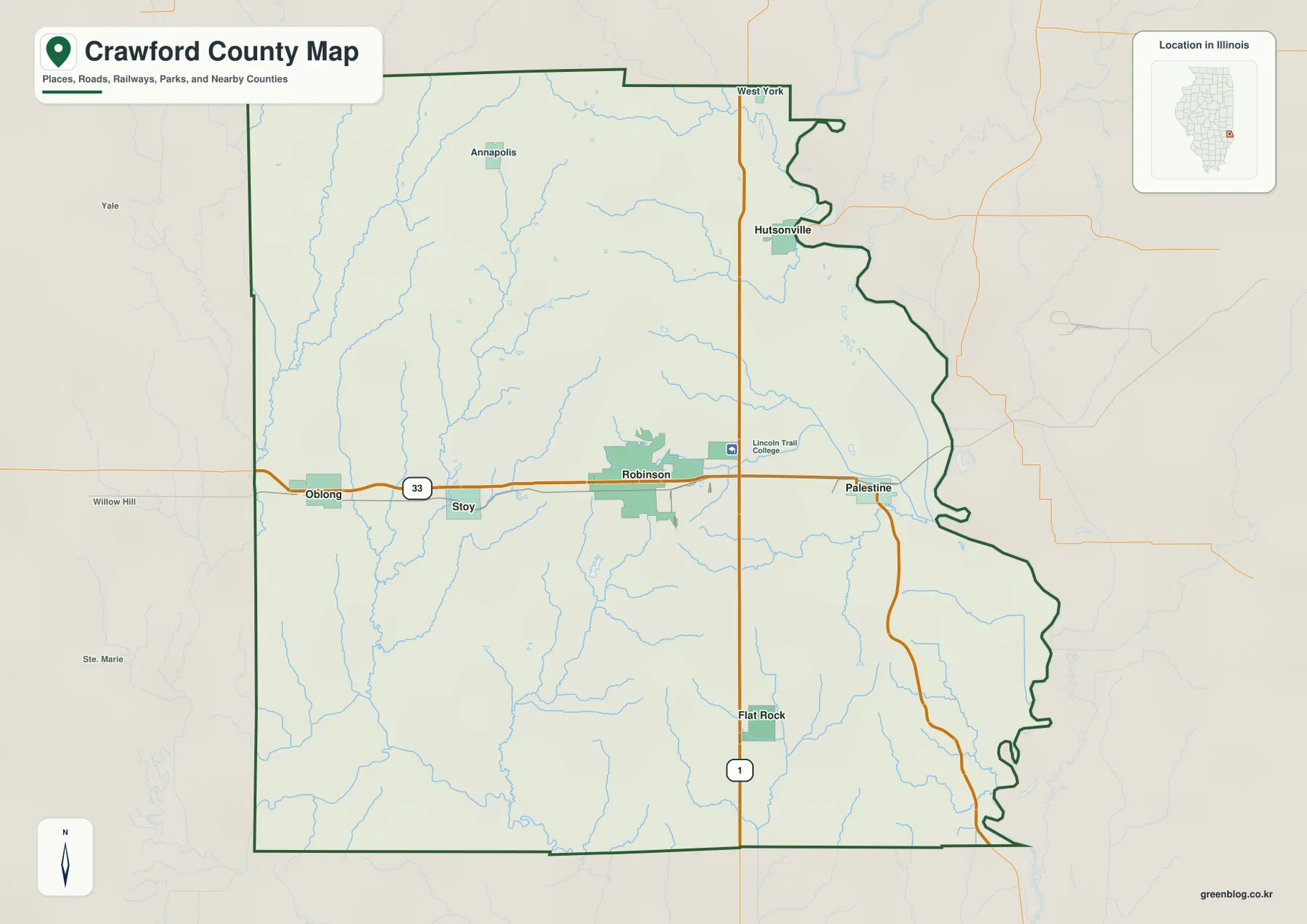 Crawford County Illinois overview map showing Robinson, Oblong, Stoy, Palestine, Hutsonville, Flat Rock, Route 33, Route 1, railways, streams, and county boundaries