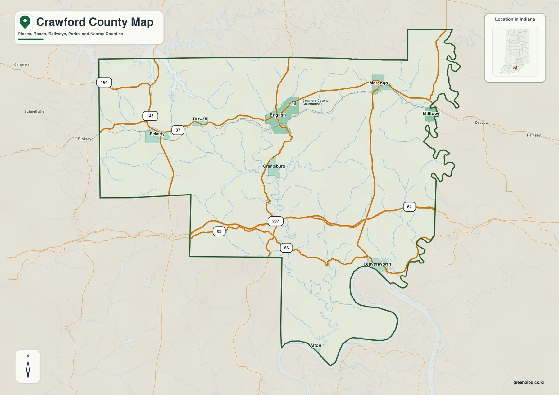 Crawford County Indiana general map showing English, Marengo, Milltown, Leavenworth, Alton, major roads, streams, and county boundaries