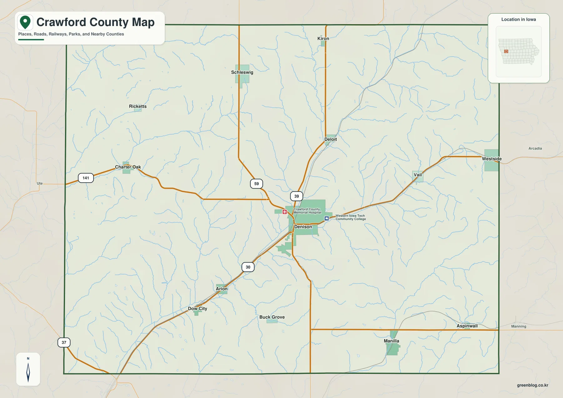 Crawford County Iowa map Denison U.S. 30 U.S. 59 Iowa 39 roads