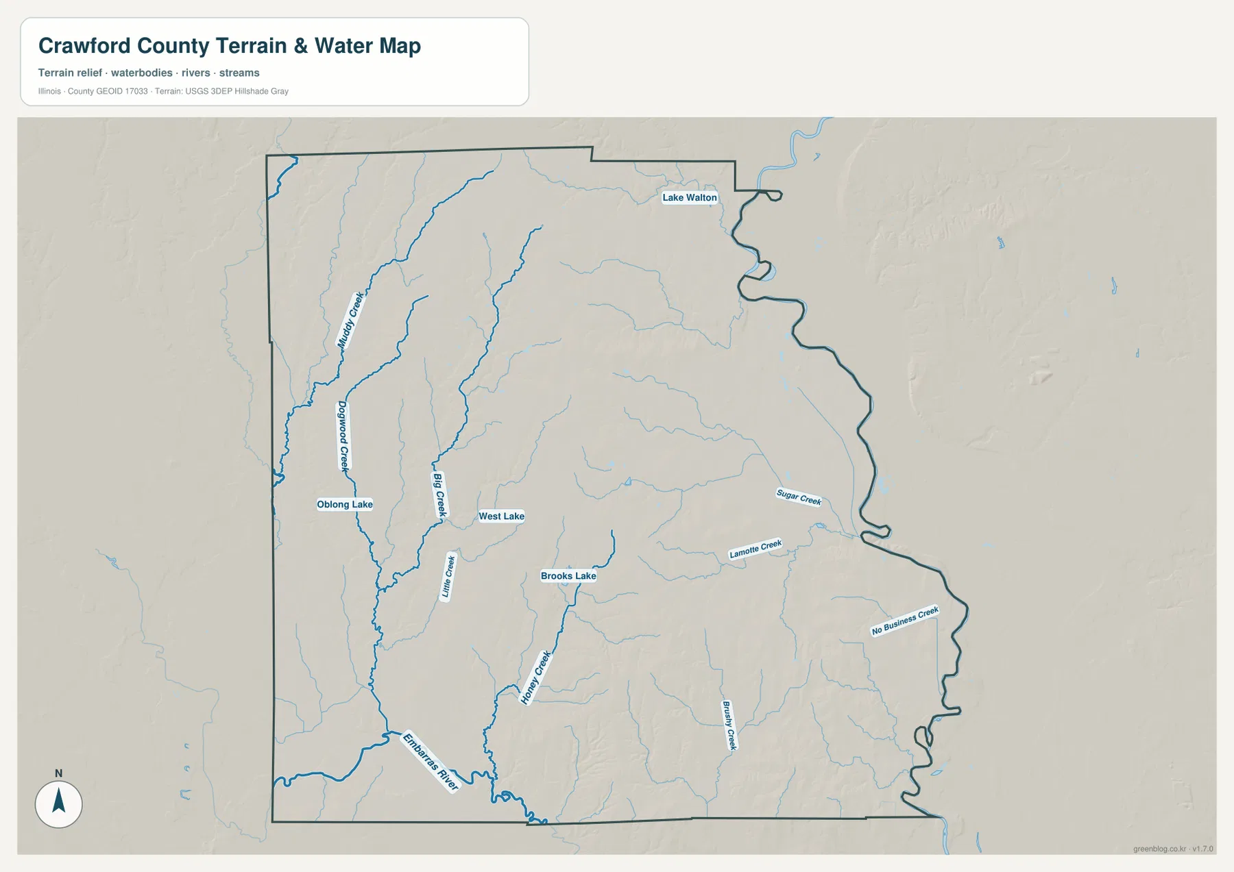 Crawford County Illinois terrain and water map showing Embarras River, Muddy Creek, Dogwood Creek, Big Creek, Honey Creek, Sugar Creek, Lamotte Creek, and named lakes