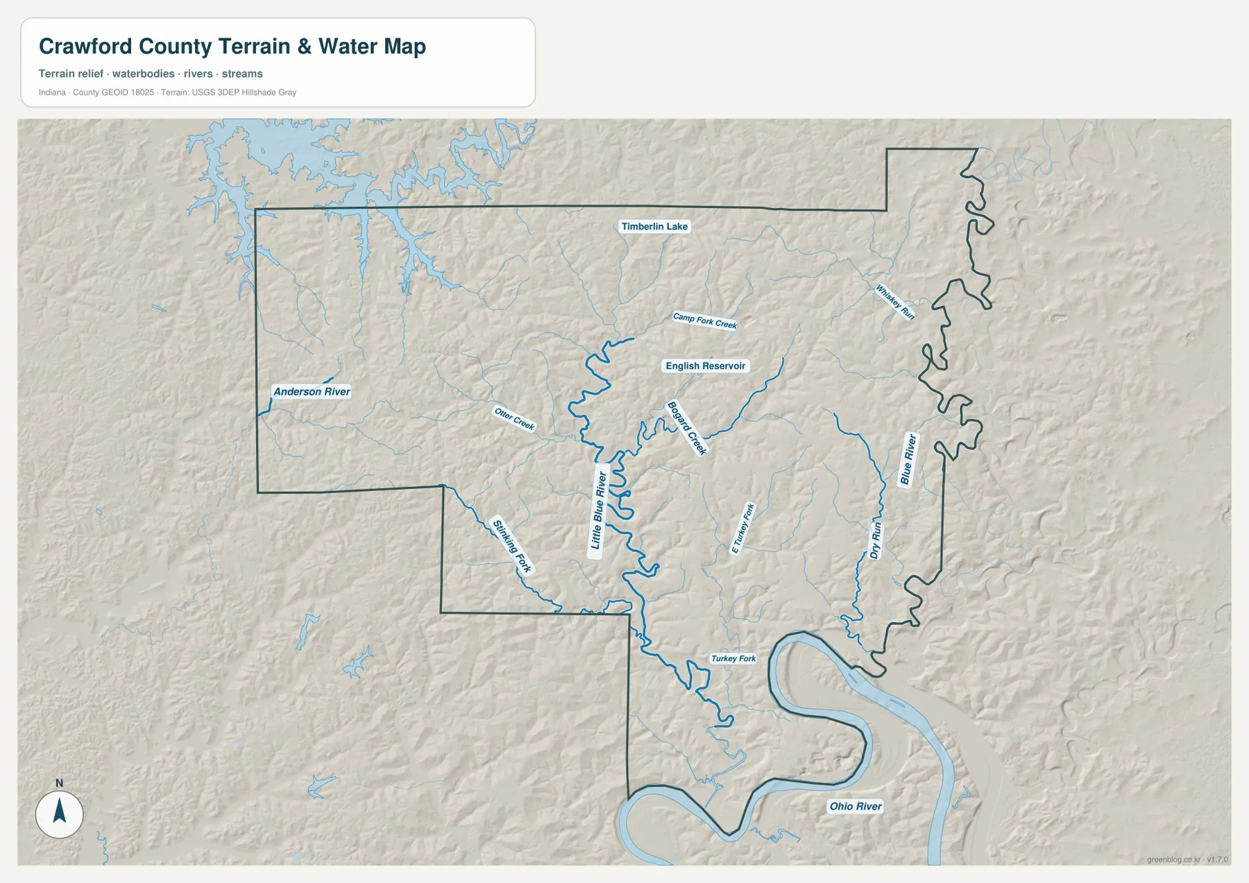Crawford County Indiana terrain and water map showing Ohio River, Blue River, Little Blue River, English Reservoir, and named creeks
