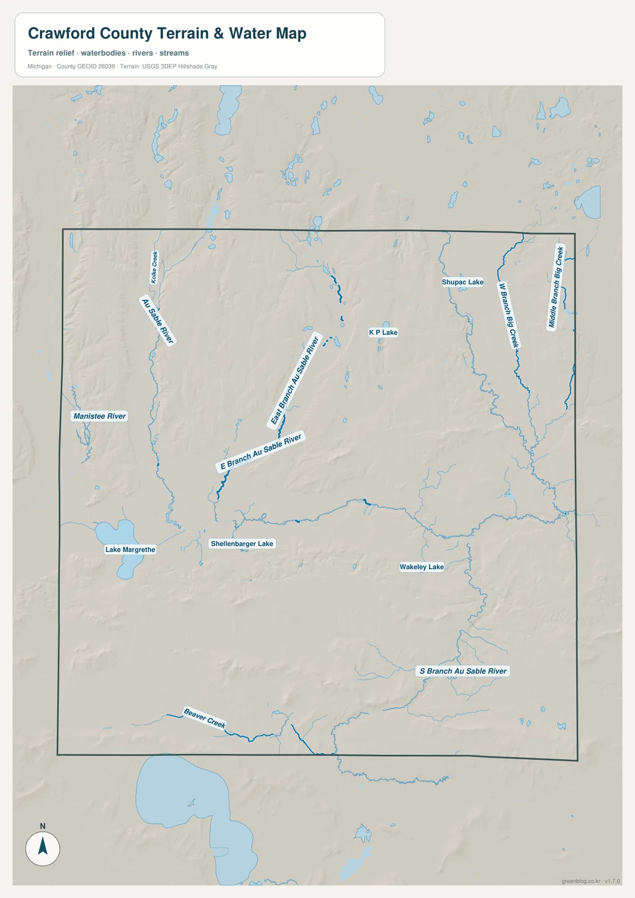 East Branch Au Sable River, South Branch Au Sable River, Manistee River, Kolka Creek, Big Creek 지류, Lake Margrethe, Shupac Lake, Wakeley Lake가 표시된 Crawford County 지형 수역 지도