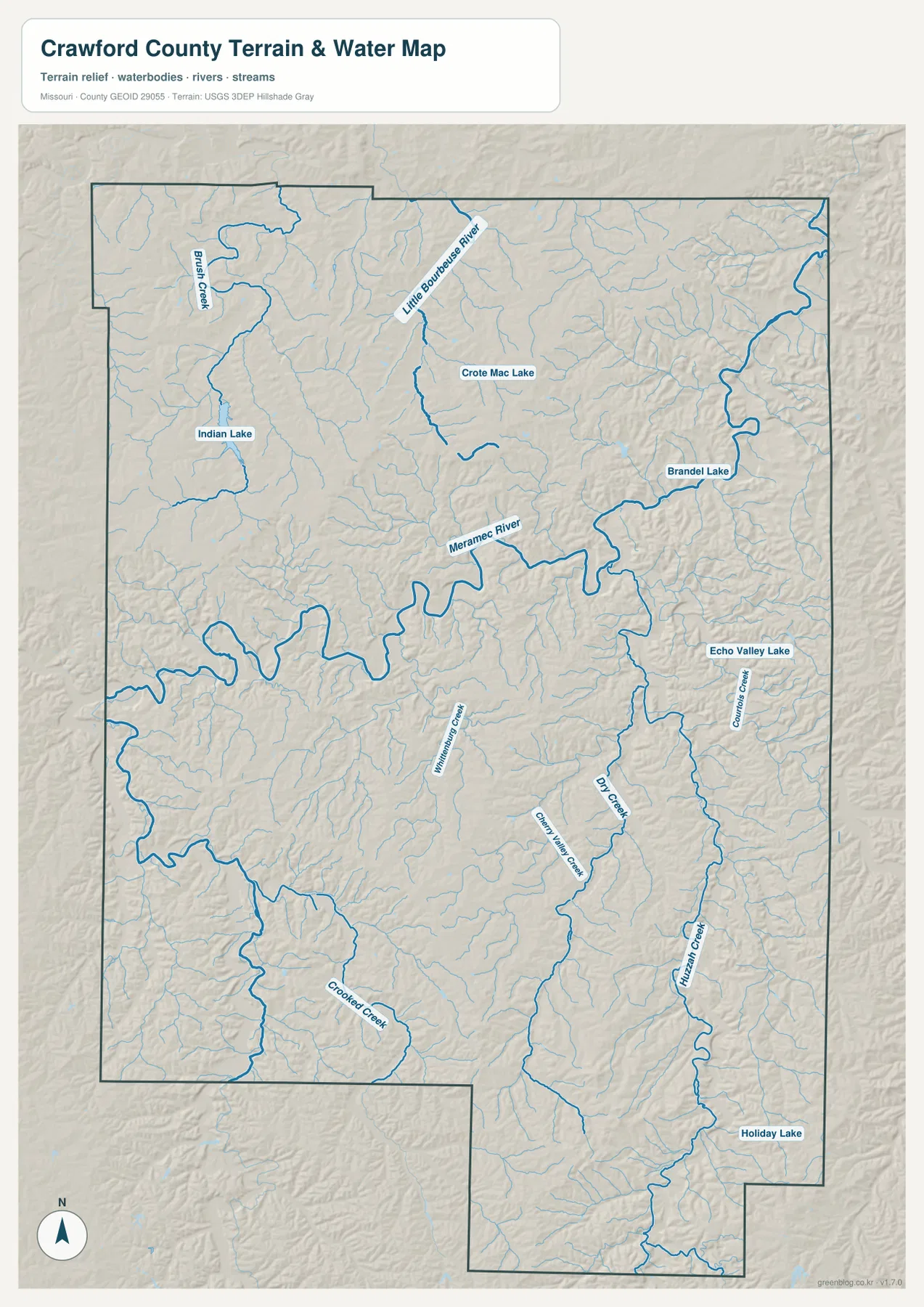 Crawford County Missouri terrain and water map