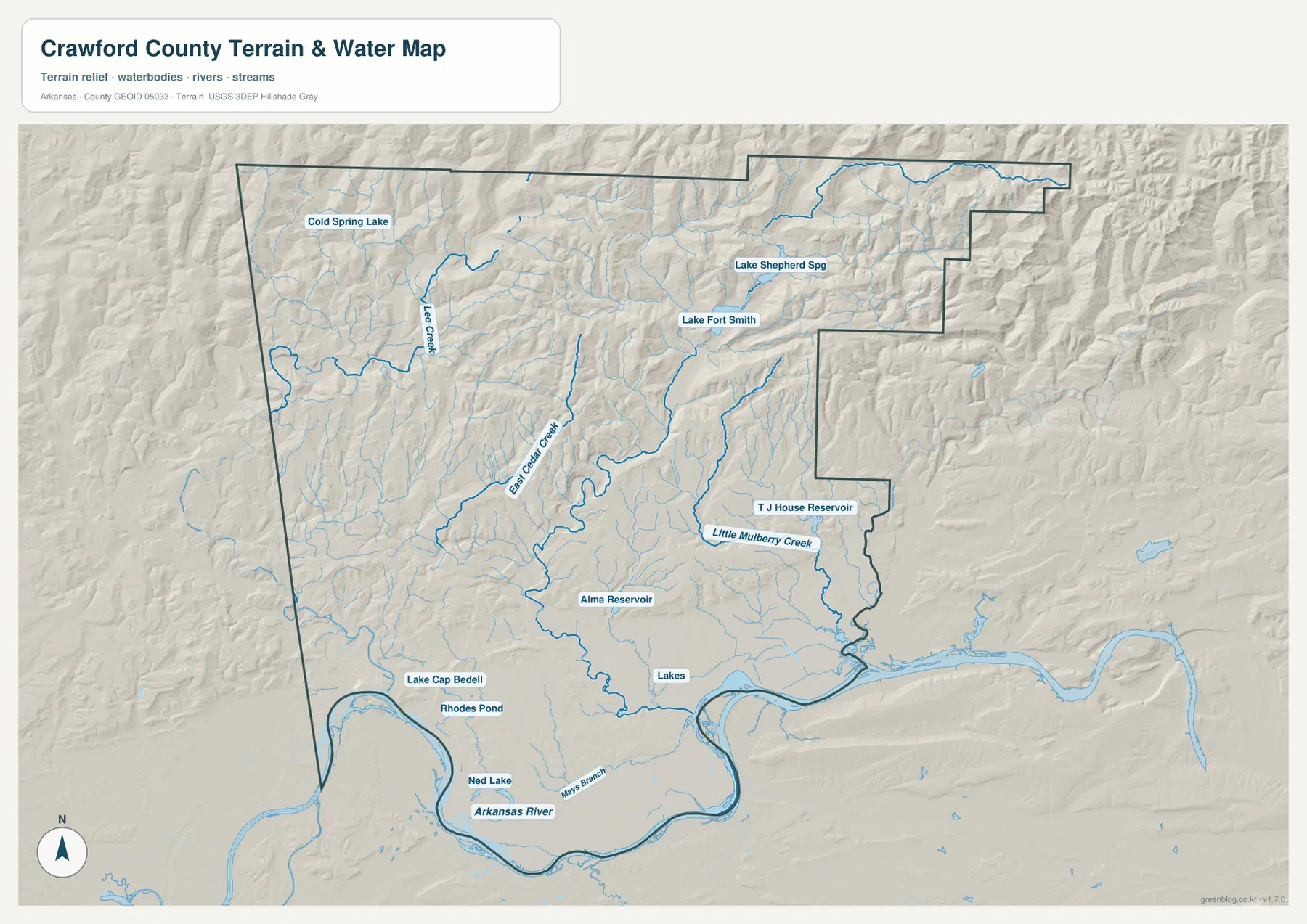 Crawford County Arkansas water map showing Lake Fort Smith, Lee Creek, East Cedar Creek, Alma Reservoir, Little Mulberry Creek and Arkansas River