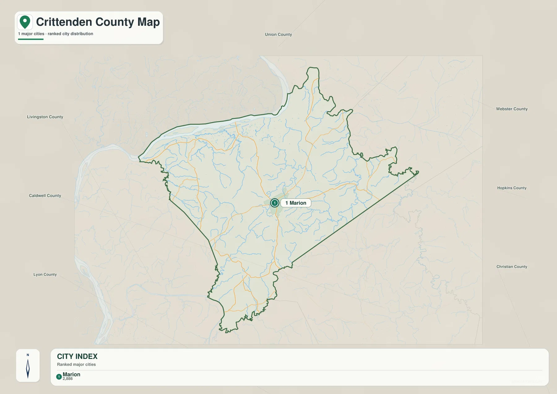 Crittenden County city map highlighting Marion and showing the directions of Union, Webster, Hopkins, Christian, Livingston, Caldwell, and Lyon counties