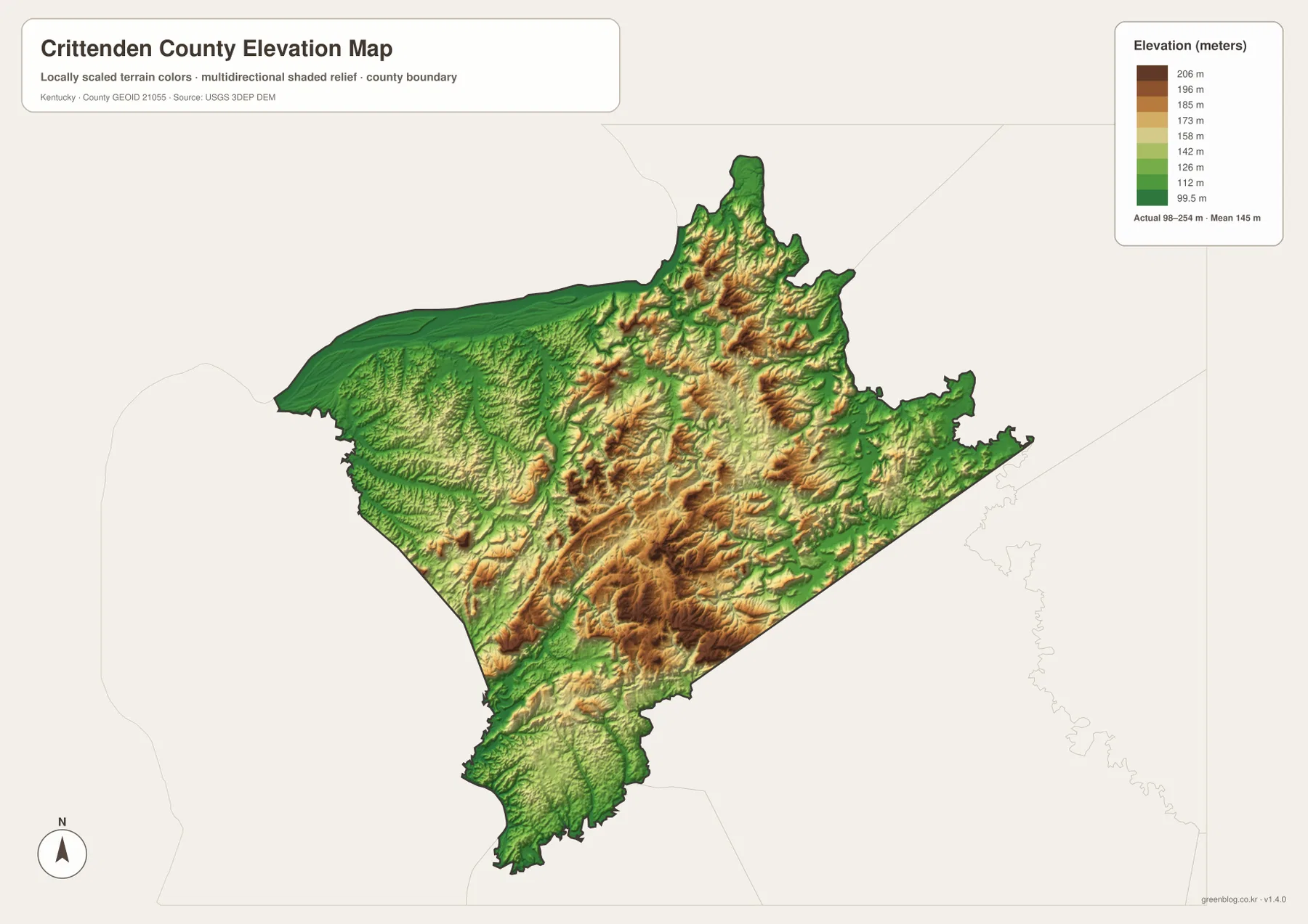 Crittenden County elevation map showing the 98 to 254 meter range, low Ohio River terrain in the northwest, and higher central and southern ridges