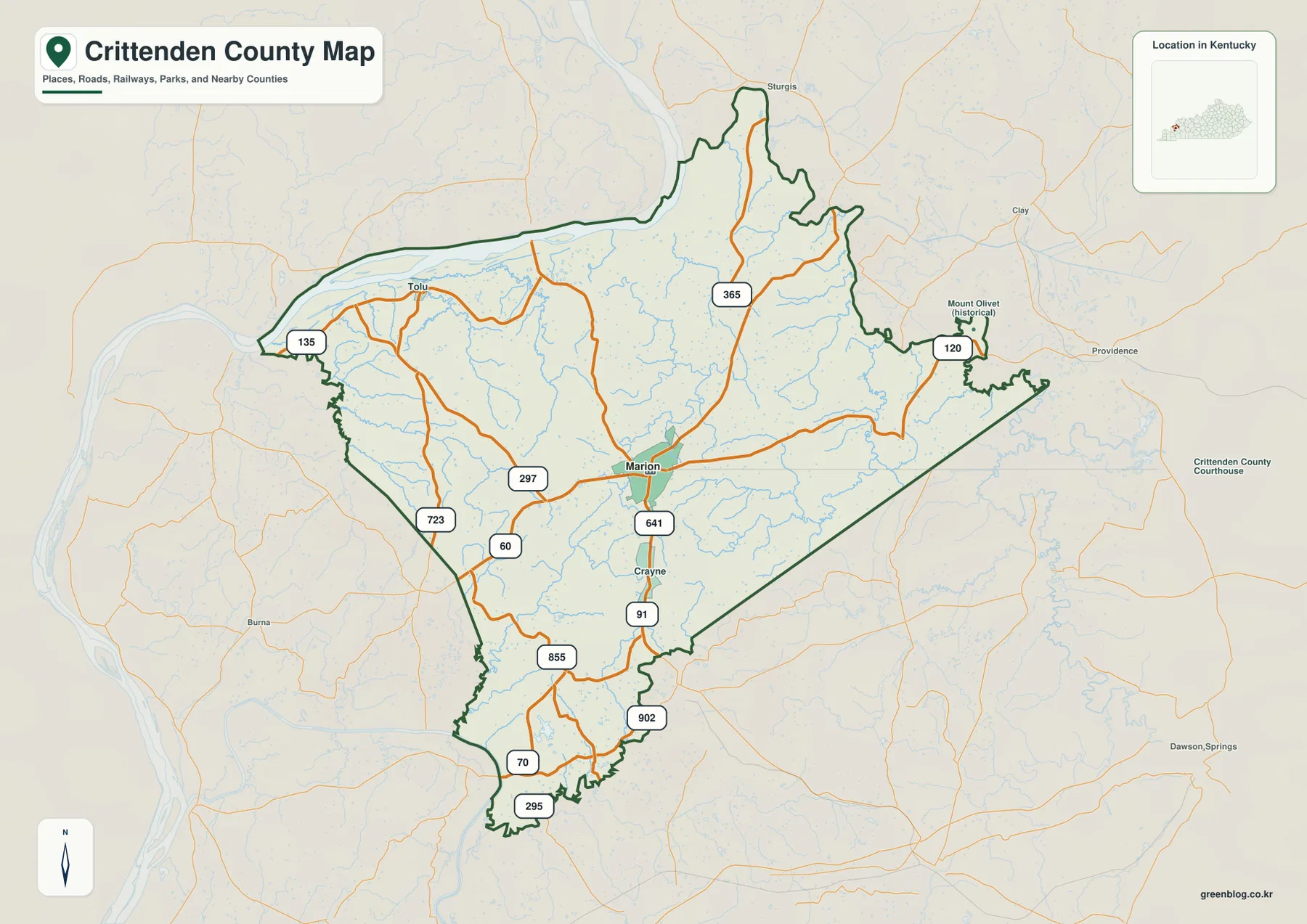 Crittenden County map showing Marion, Tolu, Crayne, U.S. 60 and 641, KY 91, 297, 365, and the Ohio River side of the county