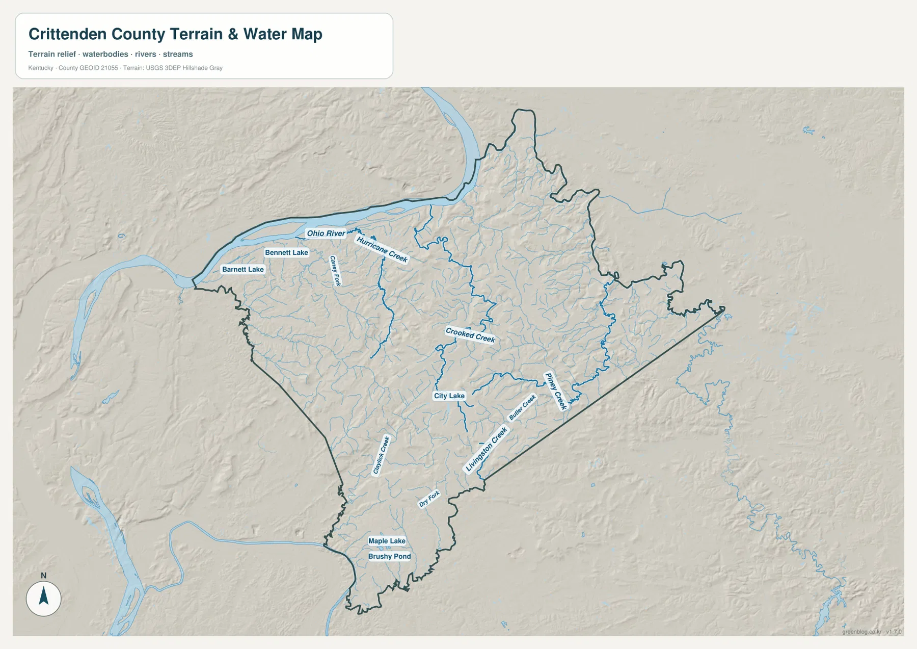 Crittenden County terrain and water map showing the Ohio River, Hurricane Creek, Crooked Creek, Piney Creek, Livingston Creek, City Lake, Bennett Lake, Barnett Lake, Maple Lake, and Brushy Pond