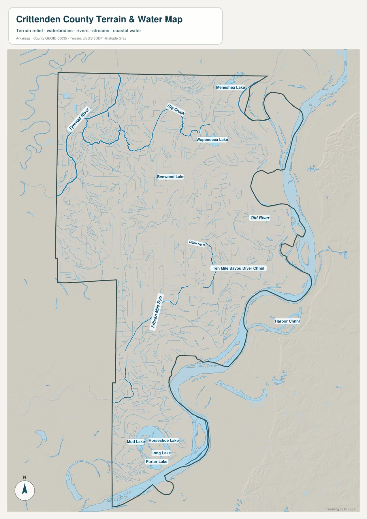 크리텐던 카운티 수역 지도에 Mississippi River 경계, Tyronza River, Big Creek, Wapanocca Lake, Horseshoe Lake와 배수로가 표시된 모습
