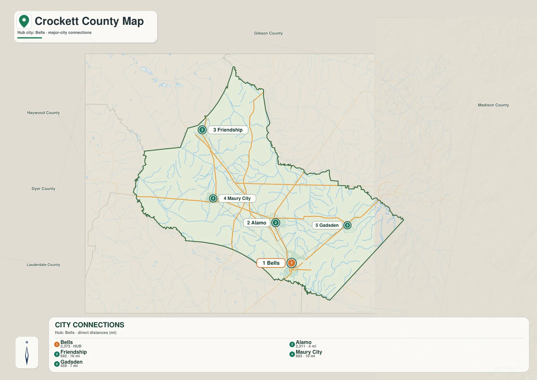 Crockett County city map with Bells Alamo Friendship Maury City and Gadsden