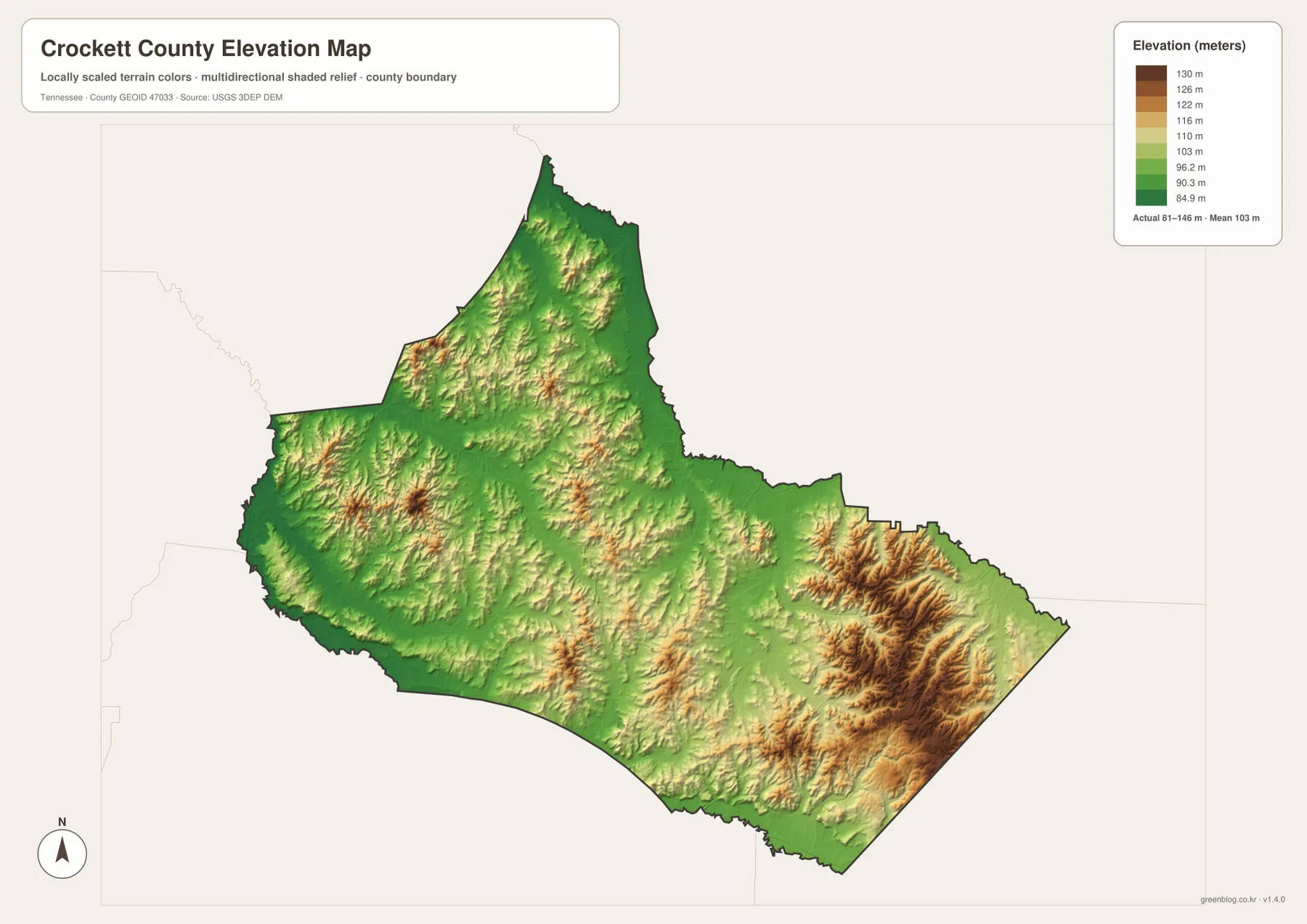 Crockett County elevation map 81 to 146 meters mean 103 meters