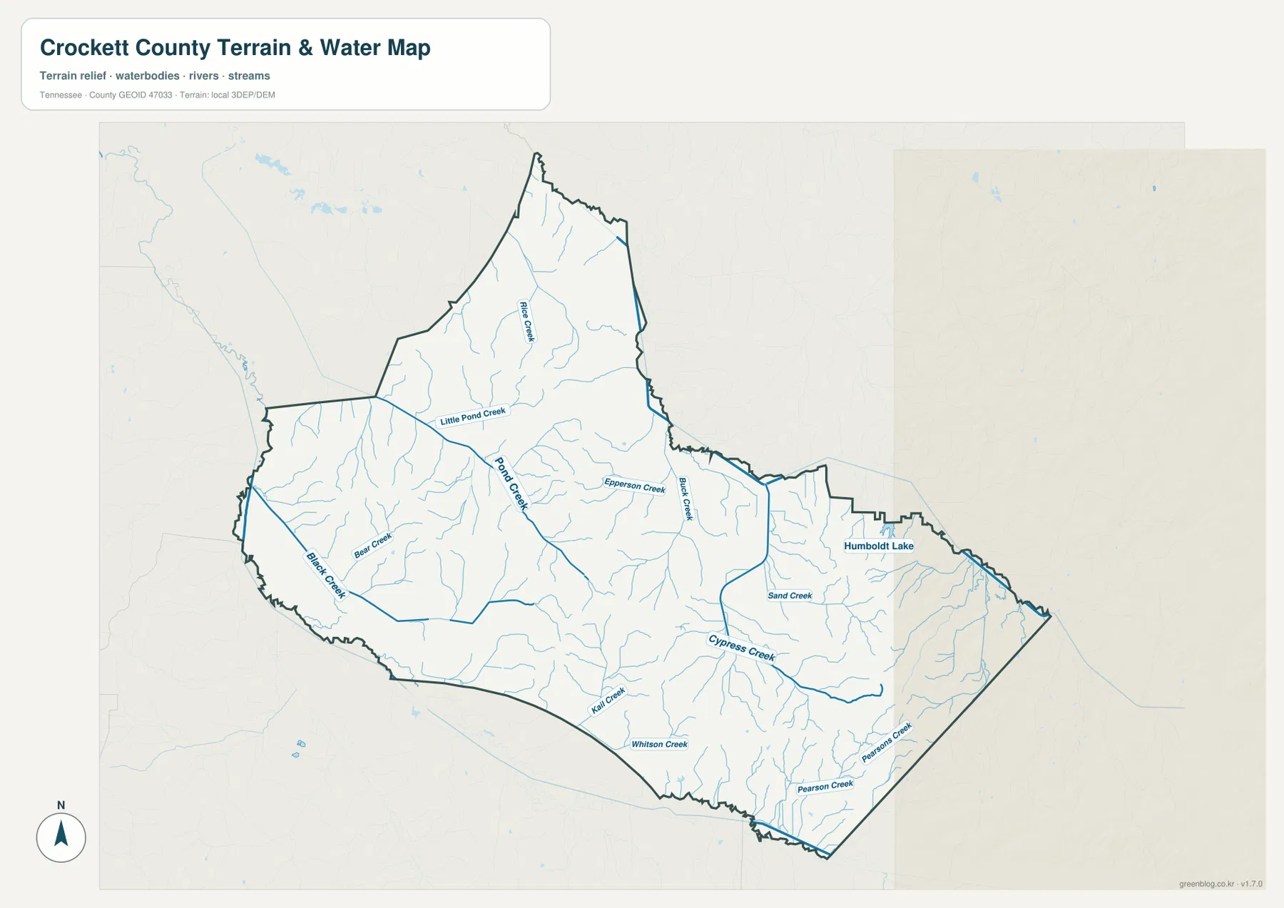 Crockett County water map showing Pond Creek Cypress Creek and Humboldt Lake
