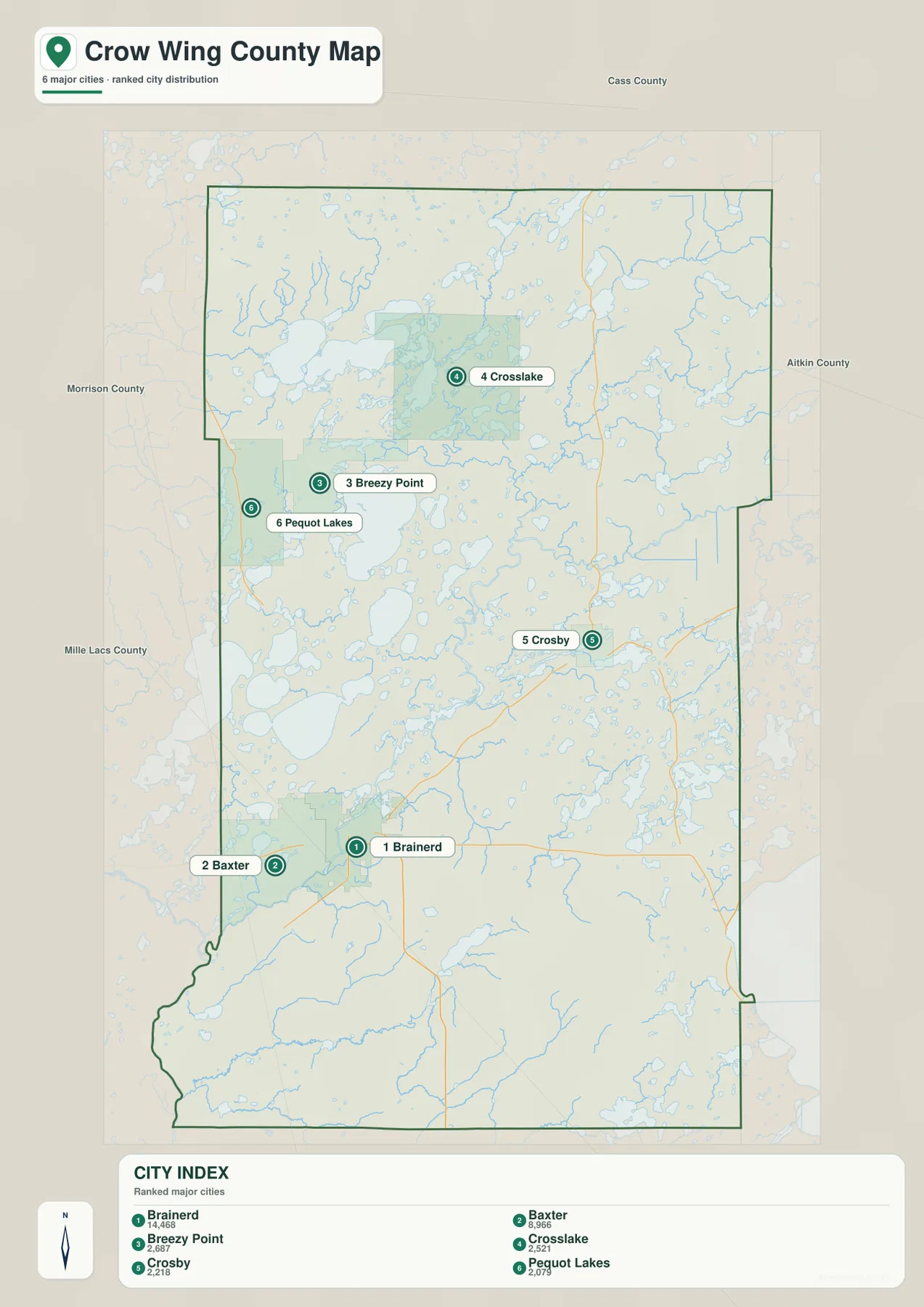 Crow Wing County city map showing Brainerd, Baxter, Breezy Point, Crosslake, Crosby and Pequot Lakes