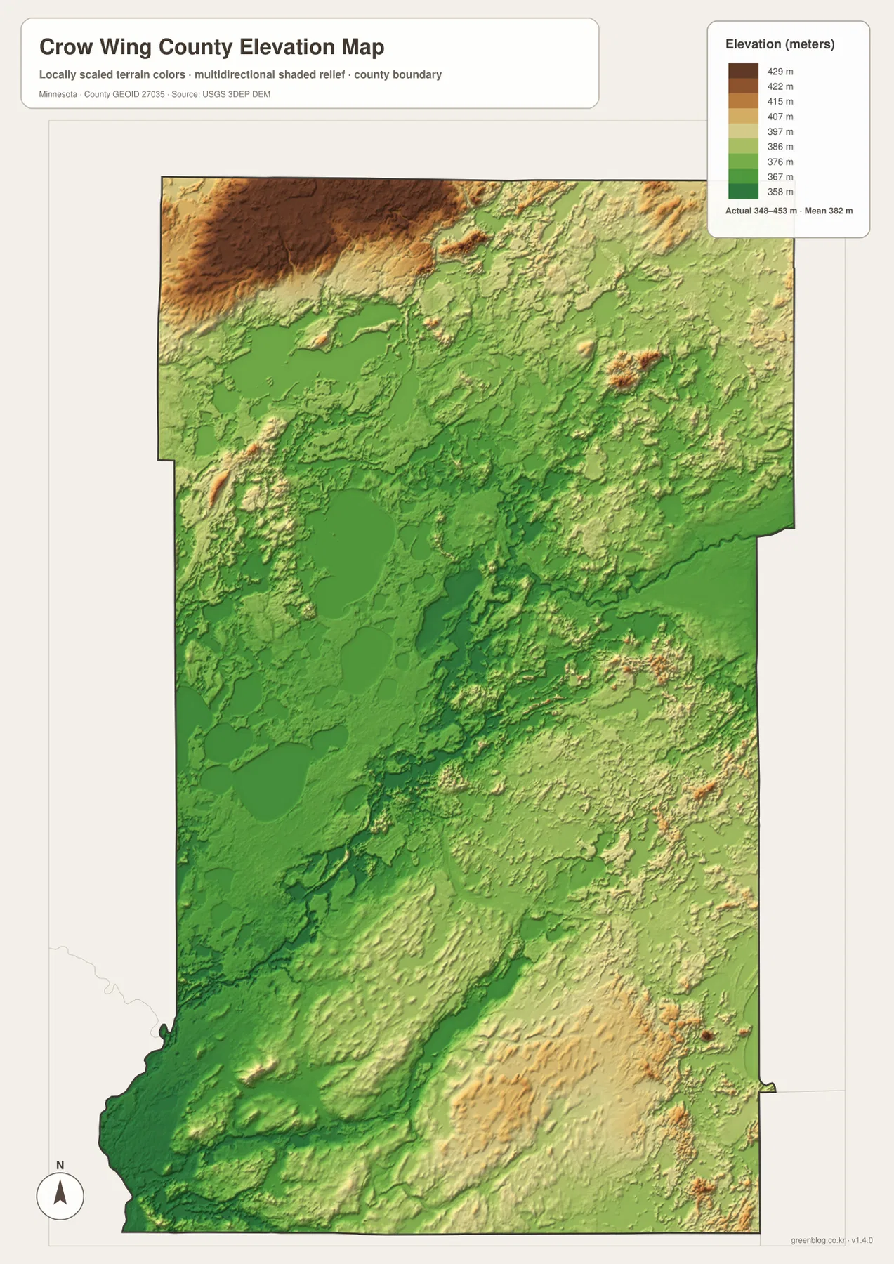 Crow Wing County elevation map showing higher northwest and southeast terrain and lower central lake basins