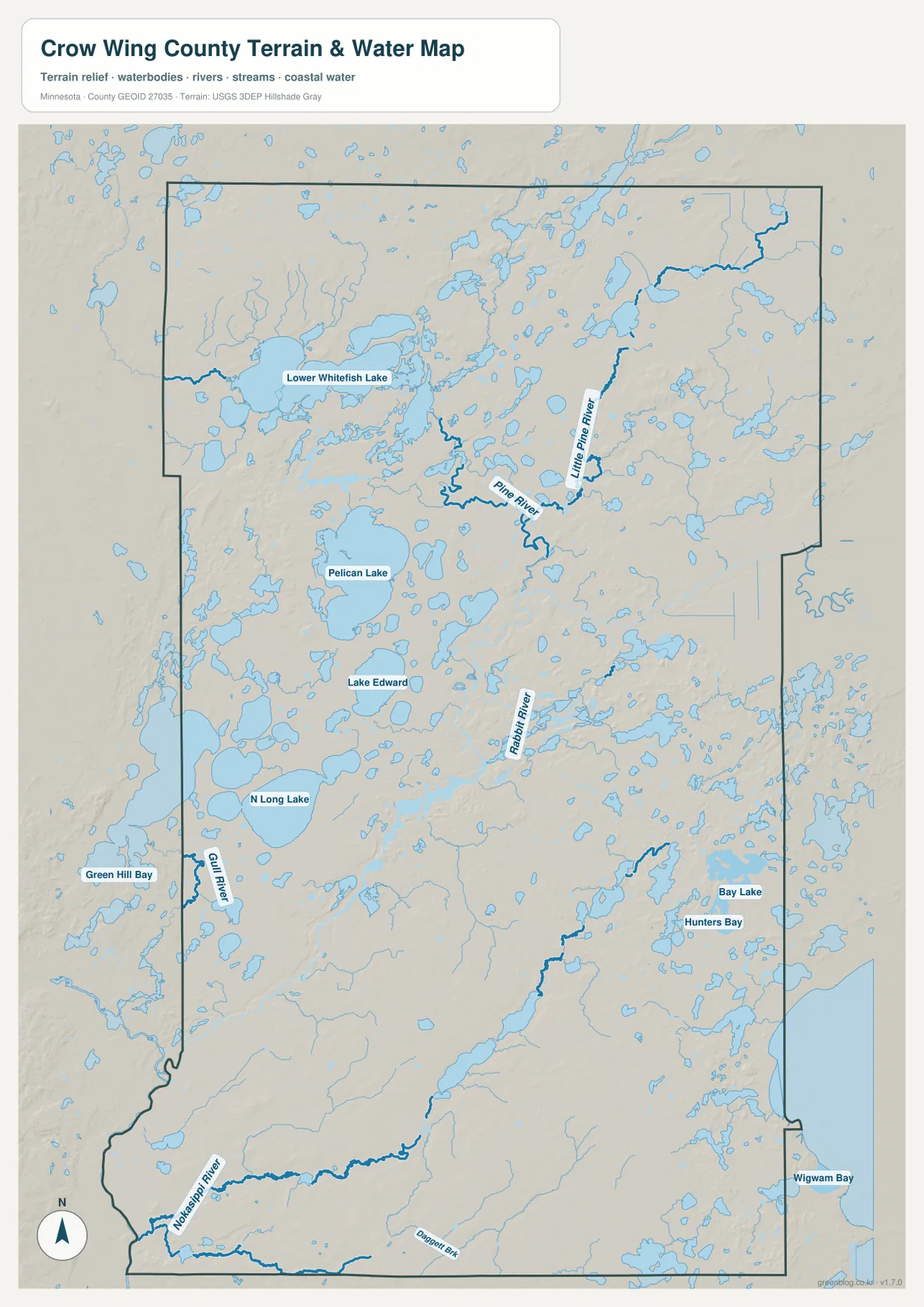 Crow Wing County water map showing Lower Whitefish Lake, Pelican Lake, Lake Edward, North Long Lake and major rivers