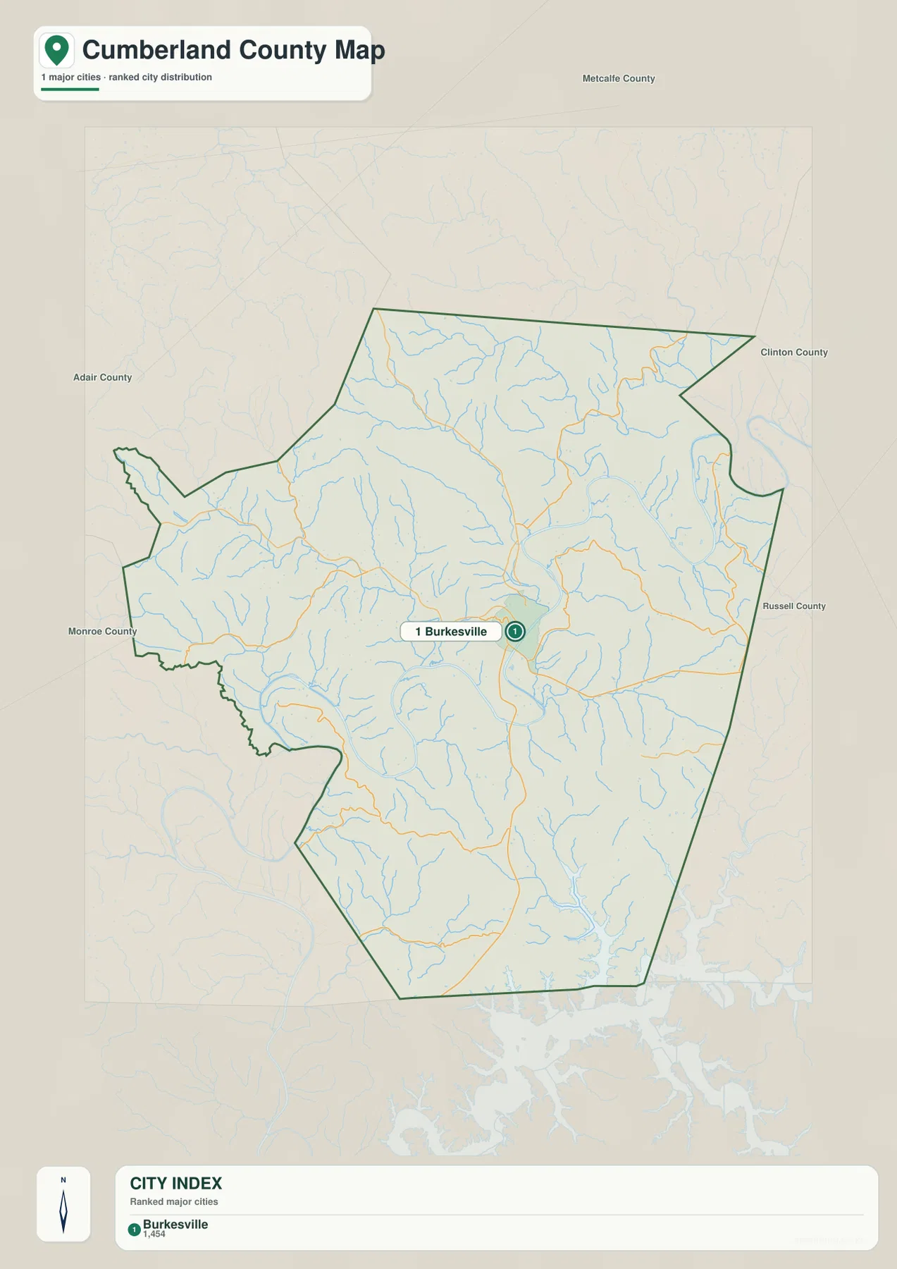 Simplified Cumberland County city map showing Burkesville and neighboring Adair, Metcalfe, Monroe, Clinton and Russell counties