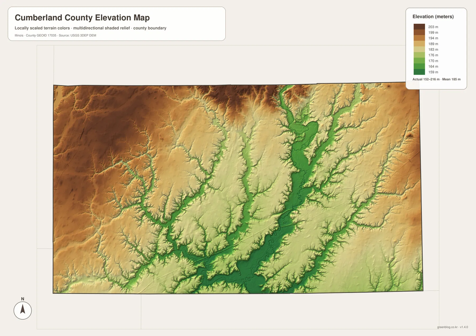 Cumberland County Illinois elevation map showing high northwest terrain and lower Embarras River and creek valleys across an actual range of about 152 to 216 meters