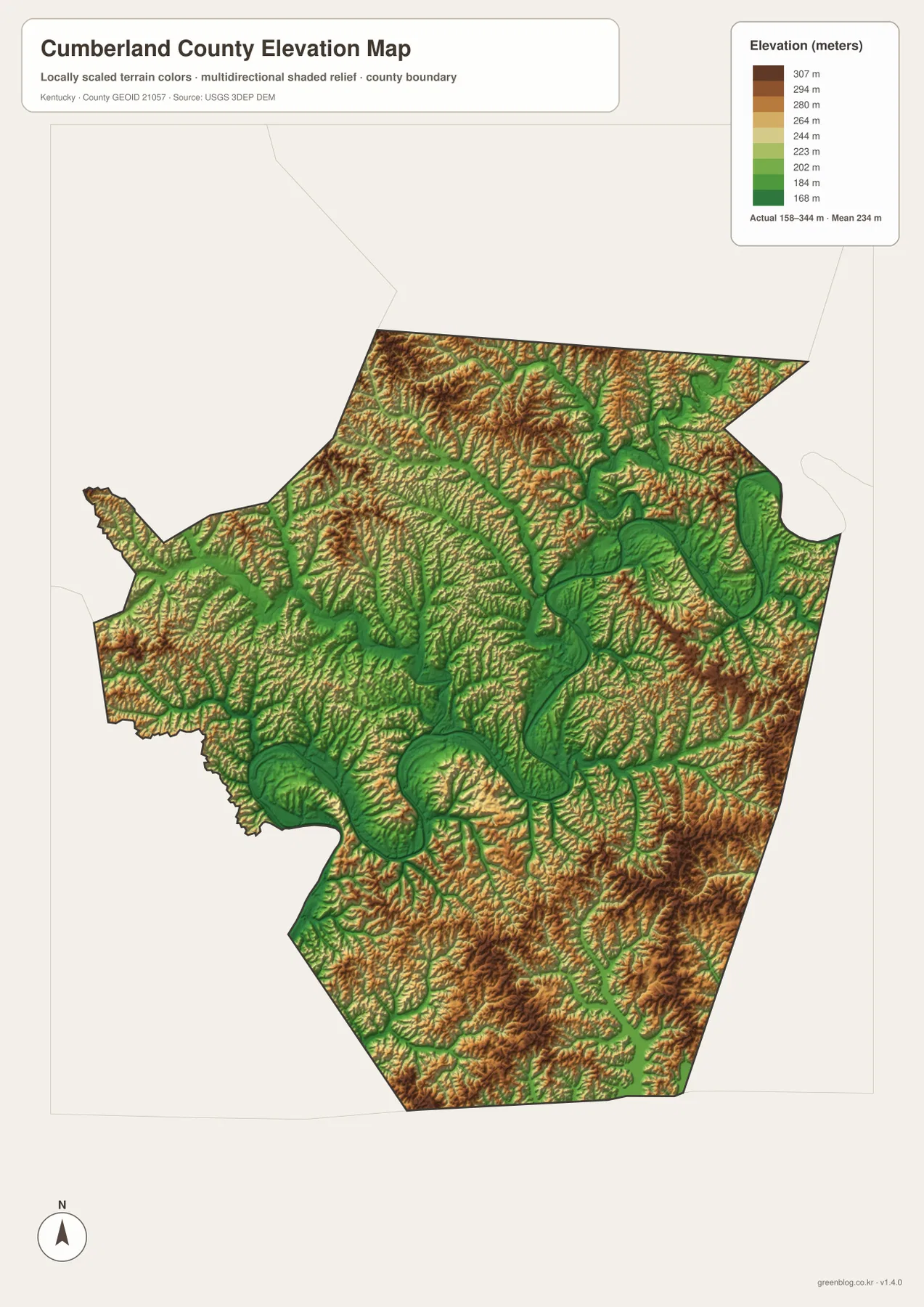 Cumberland County elevation map showing a 158 to 344 meter range, 234 meter mean, low Cumberland River corridors and higher northwestern and southeastern ridges