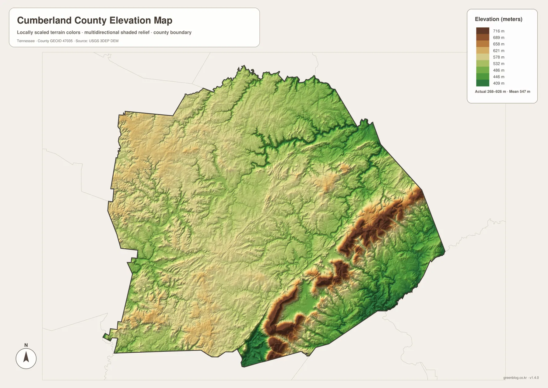Cumberland County elevation map showing roughly 268 to 926 meters of relief and high eastern ridges
