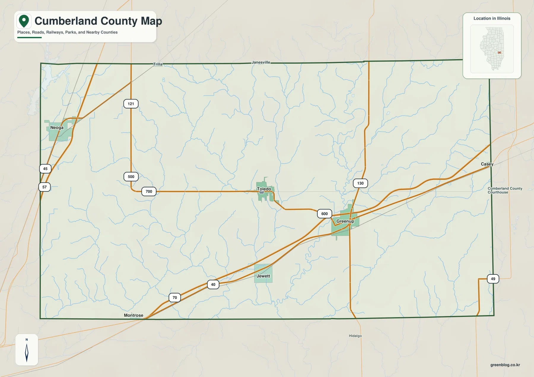 Cumberland County Illinois overview map showing Neoga, Toledo, Greenup, Jewett, I-57, U.S. 45, I-70, U.S. 40, Route 130, streams, and county boundaries