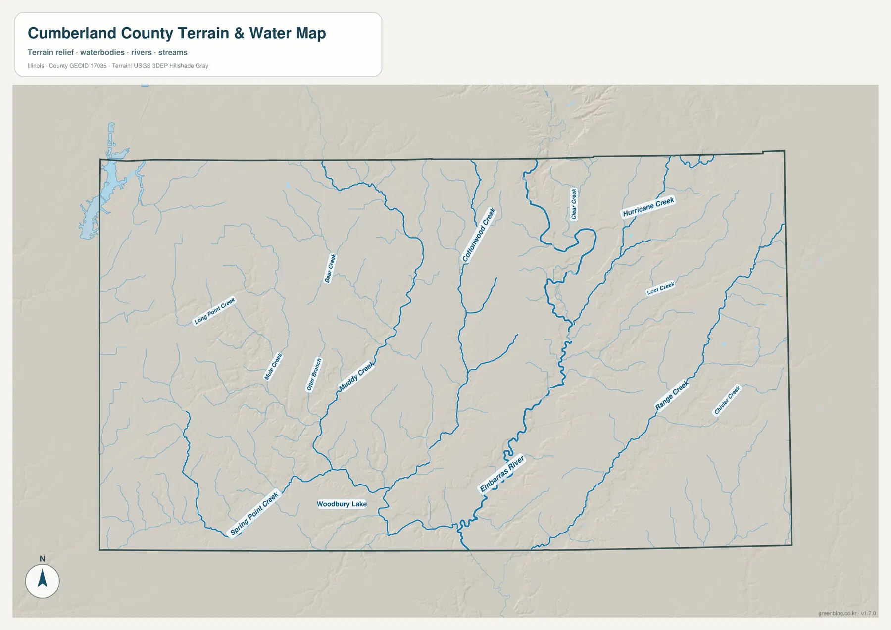 Cumberland County Illinois terrain and water map showing Embarras River, Cottonwood Creek, Clear Creek, Hurricane Creek, Muddy Creek, Range Creek, Spring Point Creek, and Woodbury Lake