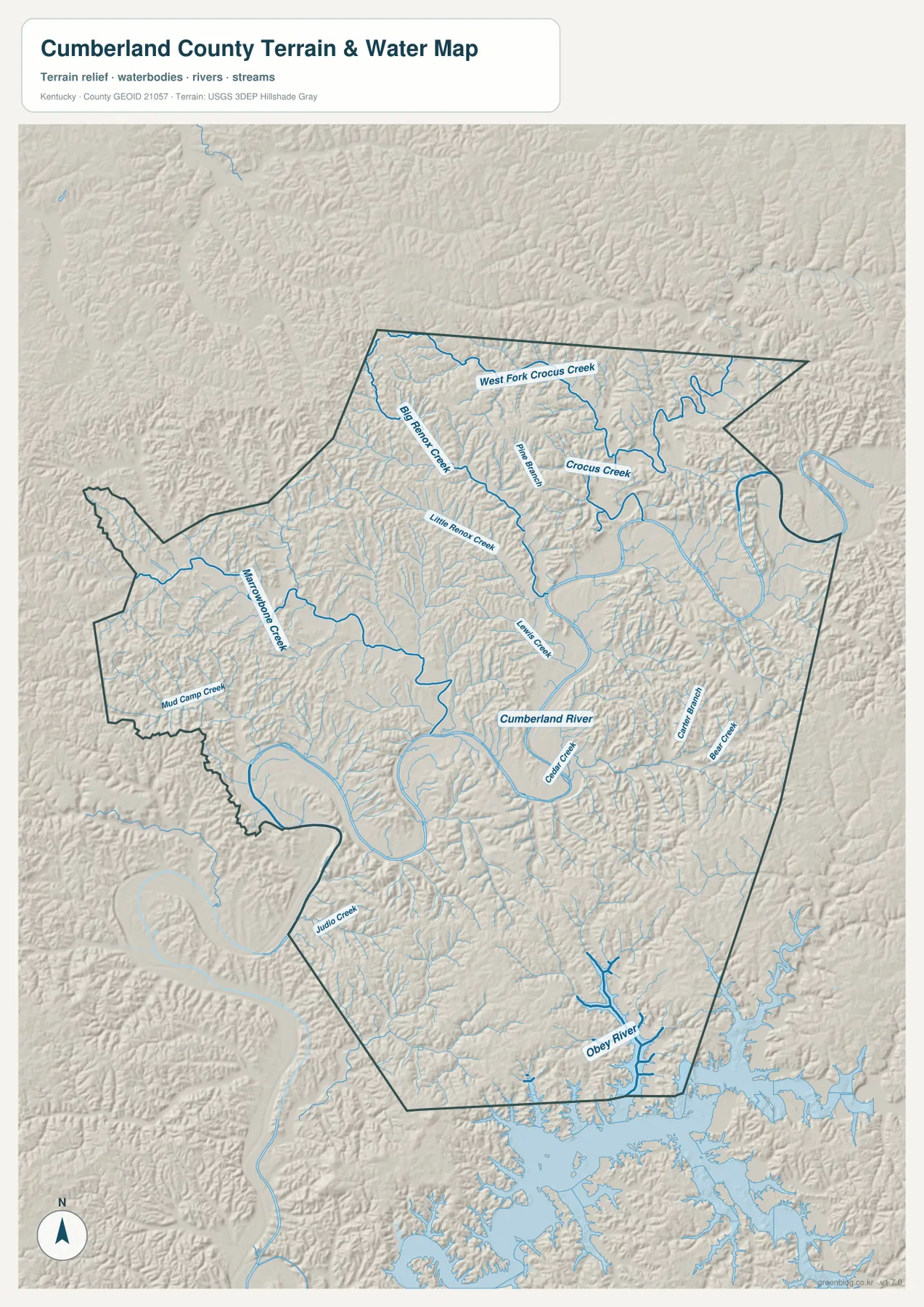 Cumberland County terrain and water map showing Cumberland River, Obey River, Crocus Creek, Renox Creek, Marrowbone Creek and Dale Hollow Lake
