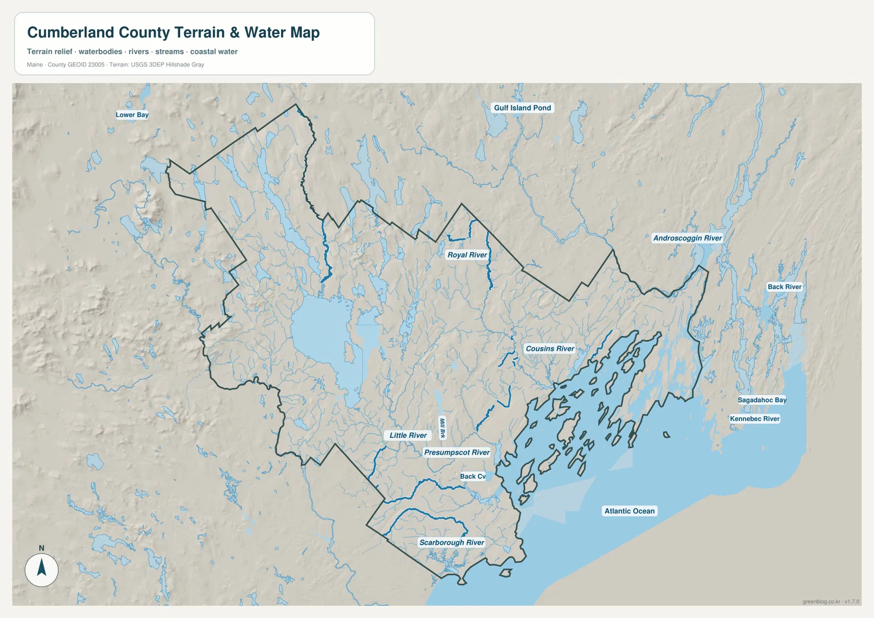 Cumberland County terrain and water map showing Sebago Lake, Presumpscot River, Royal River, Cousins River, Scarborough River, Back Cove, and the Atlantic coast