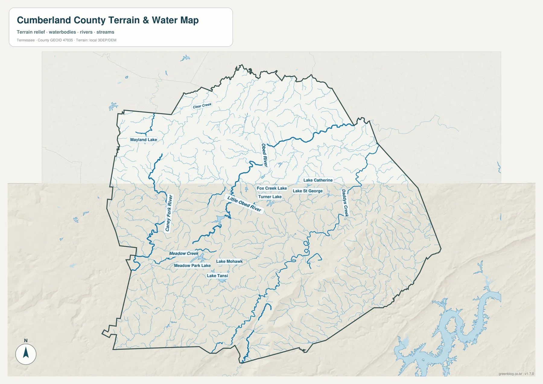 Cumberland County water map showing the Obed River, Little Obed River, Daddy's Creek, Caney Fork River, and local lakes