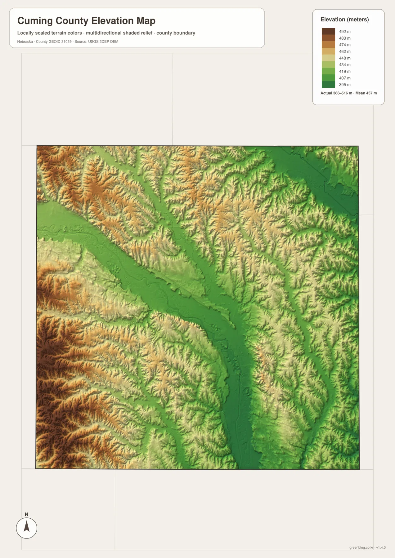 Cuming County elevation map showing the low Elkhorn River valley and higher western and southwestern uplands