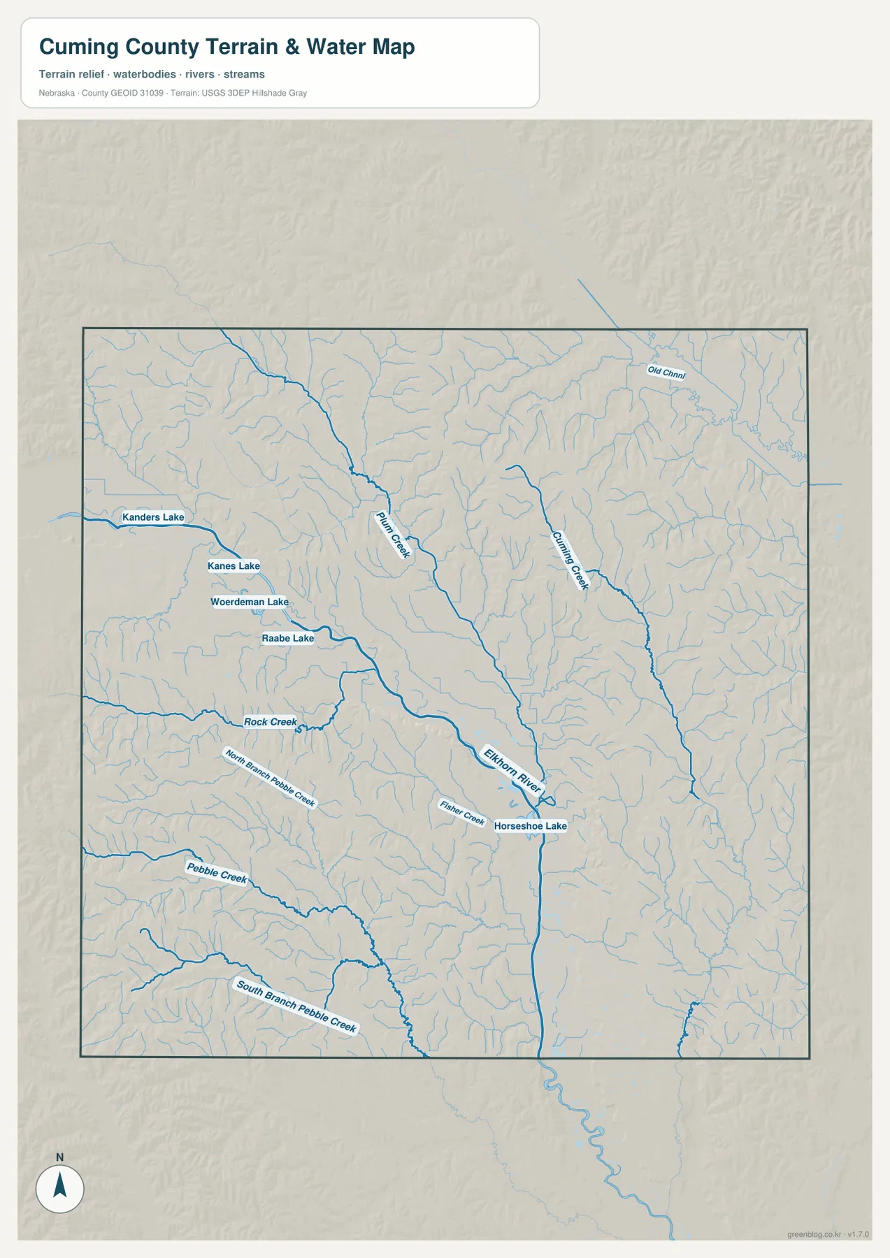 Cuming County water map showing Elkhorn River, Plum Creek, Cuming Creek, Rock Creek, Pebble Creek, small lakes, and tributaries
