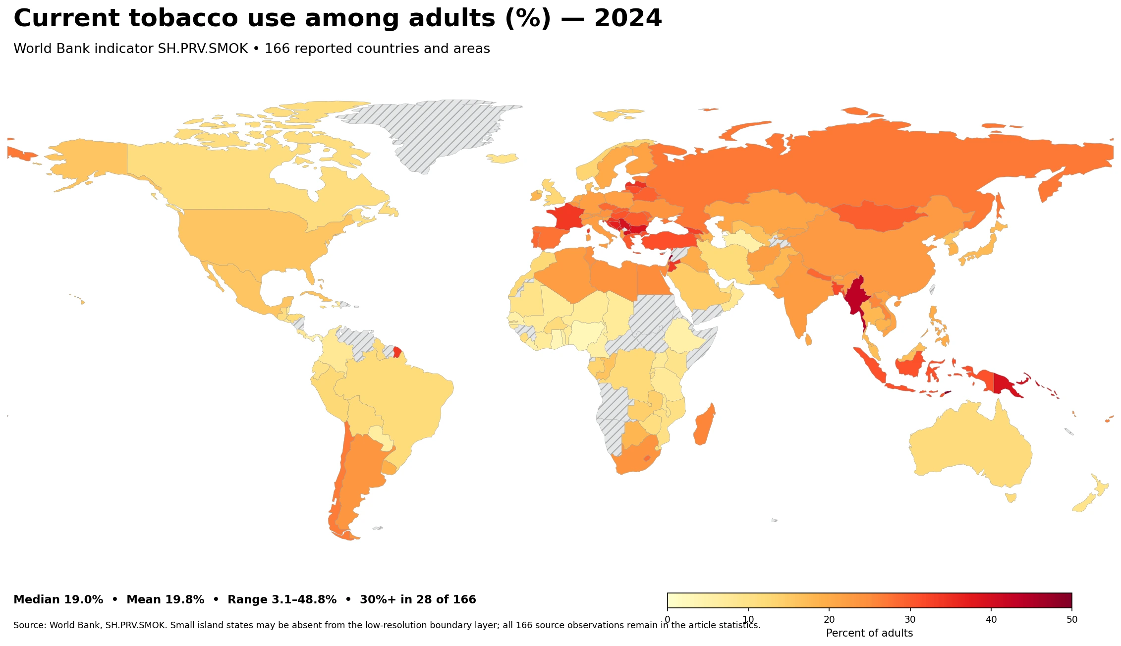World distribution of current tobacco use among adults in 2024