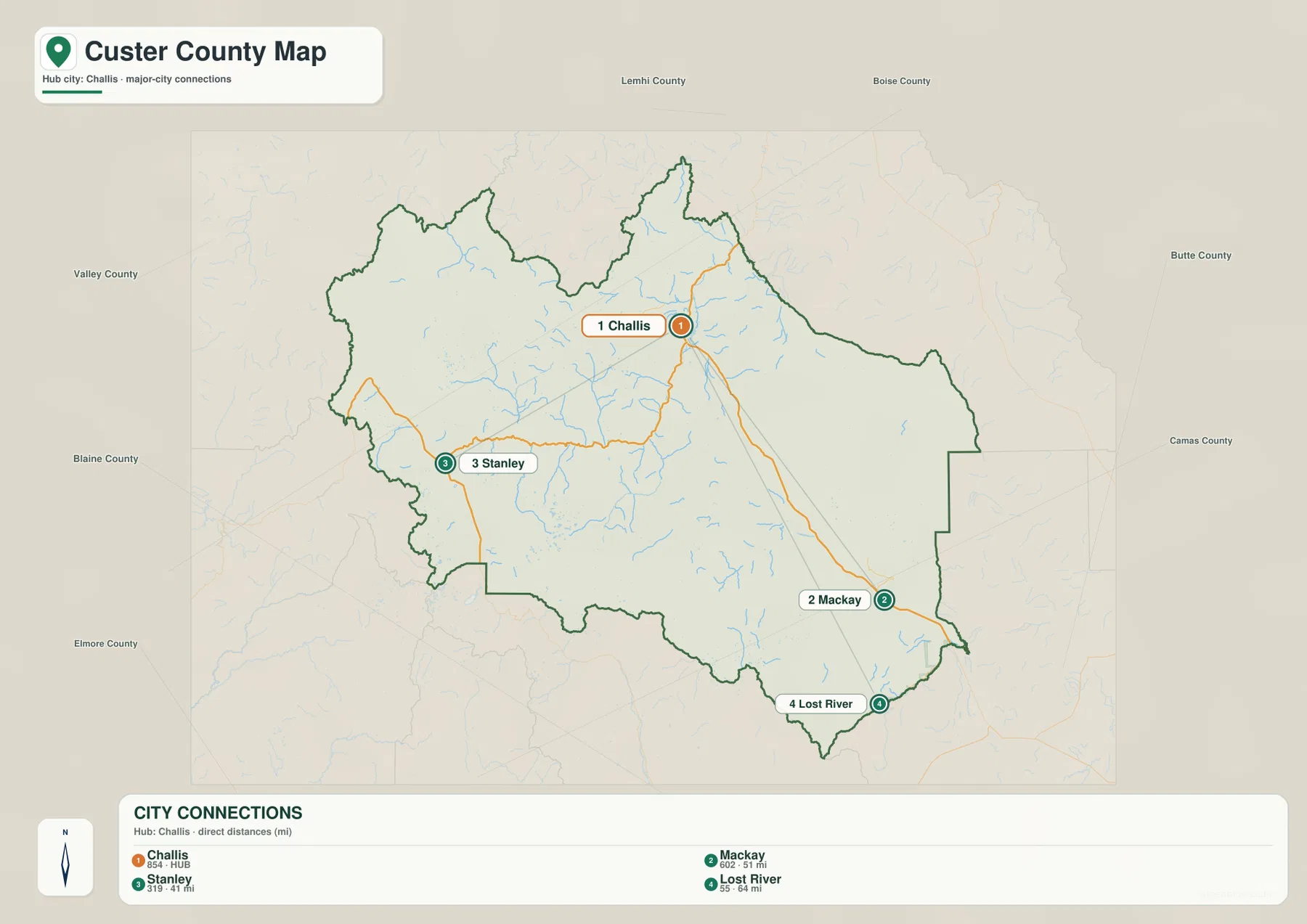 Custer County city map showing Challis, Mackay, Stanley and Lost River with straight-line distances