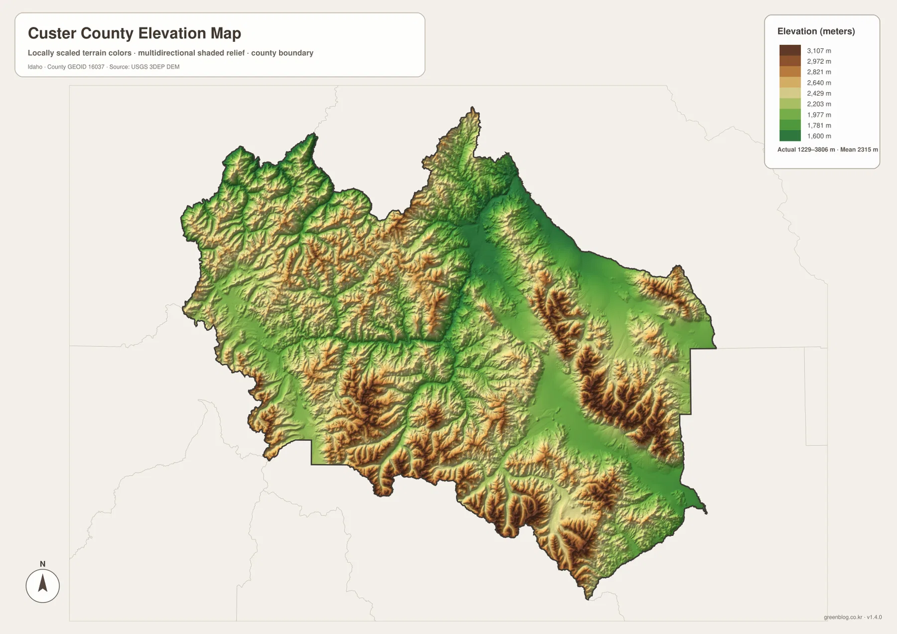 Custer County elevation map showing low river valleys and high central Idaho mountain terrain